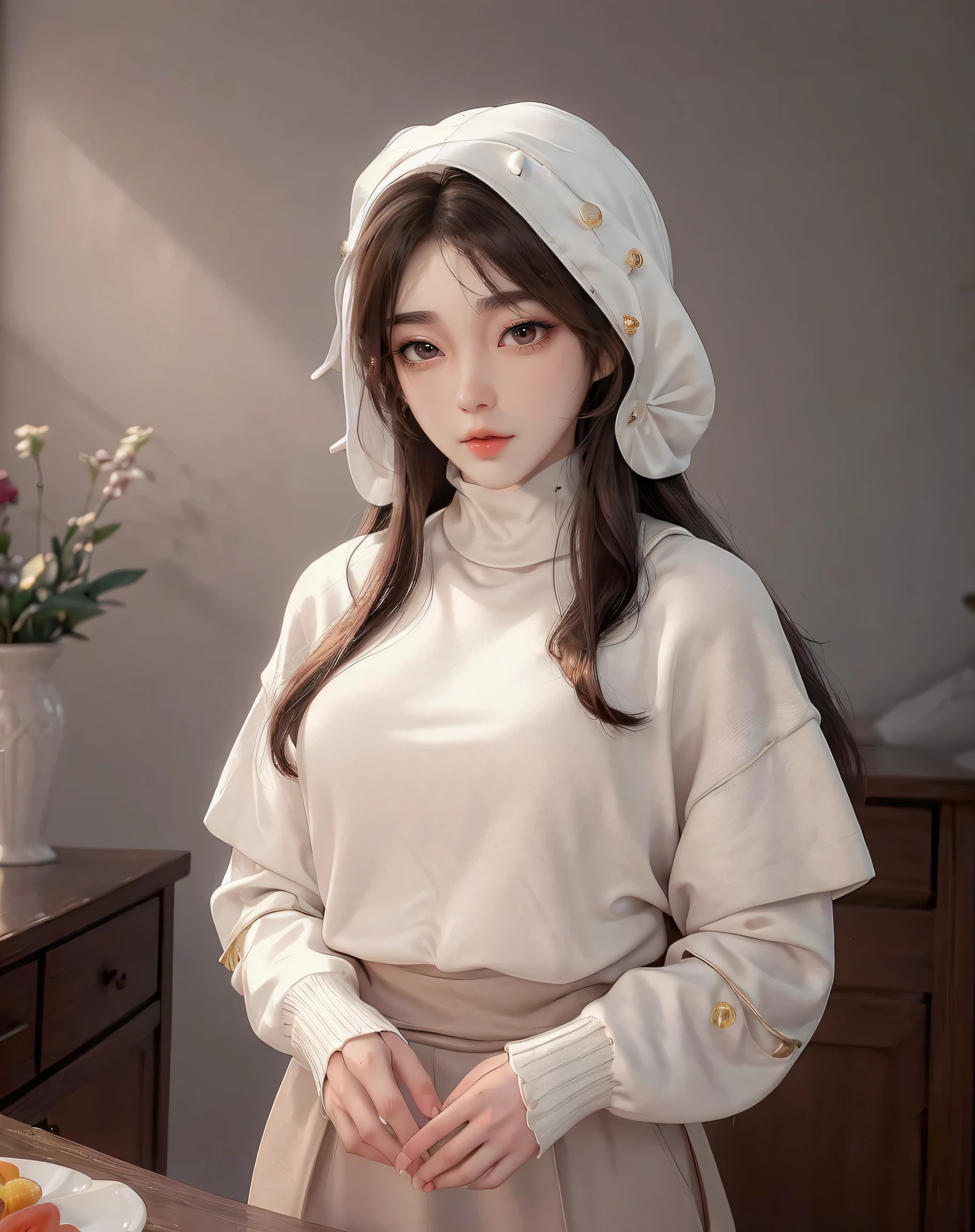 masterpiece, best quality,ultra detail,1girl, studio,upper body,standing,(sweater turtleneck, long Sleeve),well covered, completely,cinematic angle,(wearing hijab,covered head,whole hair covered),sharp detailed, smooth skin, shining skin,(natural lighting), cinematic lighting,sunset, bedroom:1.2, sweety, oiled,cute girl,ulzzang,smile, piercing, downward lips,