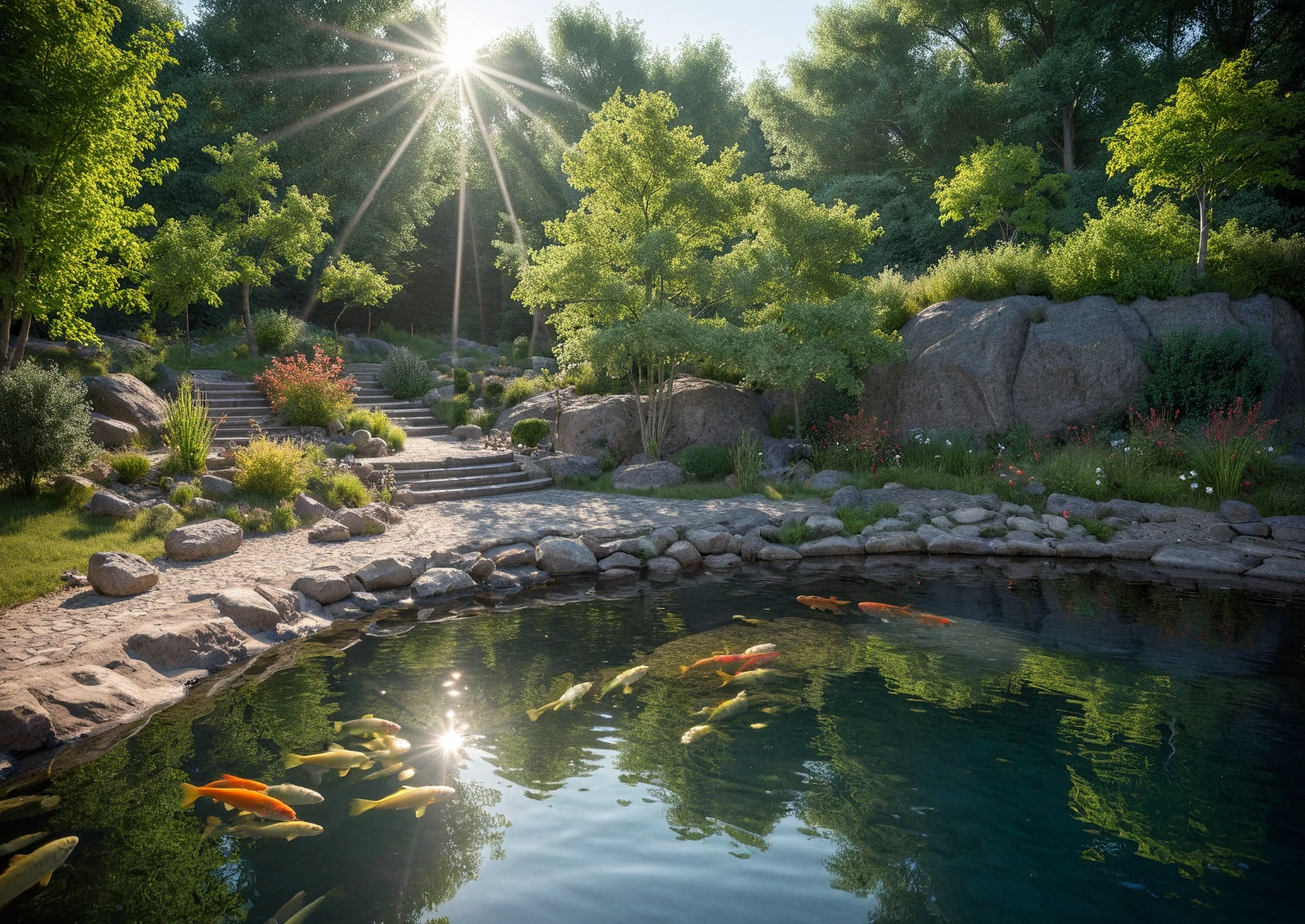 jzcgxl001, perspective view, A landscape design view perspective, stones, garden fish tank, a lot fish koi, (complete landscape perspective), surrounded by ecological natural environment, overall peaceful atmosphere cinematic photo, (urban landscape planning style), hyperrealistic artï¼professional, 8k, highly detailed ï¼, (architectural design visualization), (reflection), (focus on object), (material normal bump real reflection), (scattered light), (hidden light) (light ray), (multi-beam light), (sunbeam) (multi-level reflection), (day sky background), (corona software visualization render:1.2),(((Best Quality))), ((Masterpiece)), ((best illustration)), ((best shadows)), ((Super Detail)), (Intricate lines), (Photorealism),(hyper detail), ((archdaily)), ((award winning design)), (dynamic light), ((day)), (perfect light), (shimering light), ((photorealistic)), ((intricate detail)), ((extreme detail)), ((science)), ((hyper-detail)), ((super detail)), ((super realistic)), ((crazy detail)), ((octane render)), ((Cinematic)), ((trending on artstation)), ((High-fidelity)), ((Viwvid)), ((Crisp)), ((Bright)), ((Stunning)), ((Eye-catching)), ((High-quality)),((Sharp))((Bright)), ((Stunning)), Natural, ((Eye-catching)), ((Illuminating)), ((Flawless)), ((High-quality)),((Sharp edge render)), ((medium soft lighting)), ((photographic render)), ((detailed archviz))