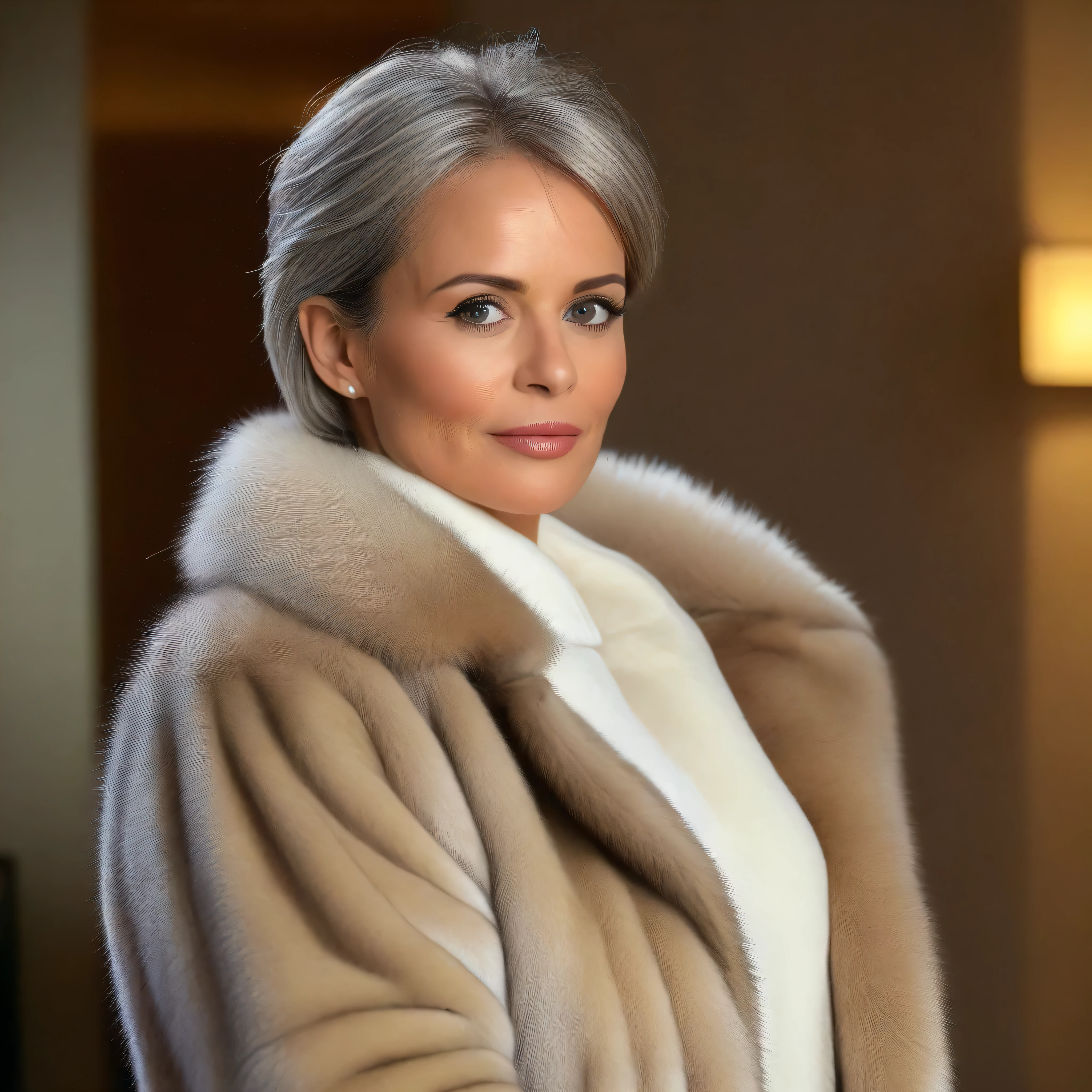 45 ans,(Une MILF:1.2), un regard captivant, yeux verts, cheveux blonds,A very wide and very thick, very short sand mink fur coat, fifty centimeters thick, duveteux, naturel, with an ultra thick white and sand mink fur collar, three layers, souriante, fully nude front view, bare shoulders, and two large breast discovered by the fur,  Sosie de la vieille femme Carla Gugino, Detailed wrinkles (8K, high resolution, Ultra-quality, A quality of&#39;image ultra élevée, ultrarealistic, best quality:1.2) (gros seins en bonnet D:1.1), eyes visible through the hair, with silver gray hair, bobbed hair, Bonne position des yeux, cinematic light, Soft light, lombes, la nuit, detailed color background, Convoluted, Very detailed, 8K, Overall Silhouette, posant professionnellement sur un canapé penthouse, En regardant directement la caméra