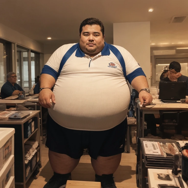 A fat middle-aged man is looking at the viewer and holding his crotch, use uma cueca box branca, cabelo preto curto, (obesidade: 0.7), 50 anos, Nerd, shy, sentado na cama, pernas abertas, em um pequeno quarto privado empoeirado, copos, cabelo fino casual, Thick neck and round face with a lot of fat, suando, Sozinho, Asian, sentido muito prazer