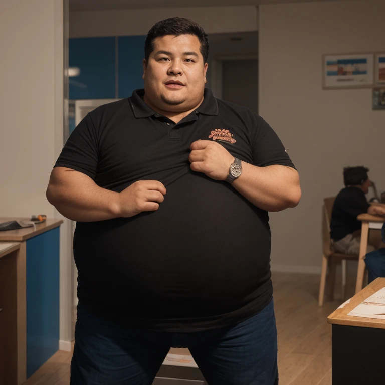 A cute fat orange cat,Anthropomorphic image,Wear short sleeves with an open belly button,leaking round belly,The lower half of the body is wearing jeans,He frowned,One hand stroking the belly,3D