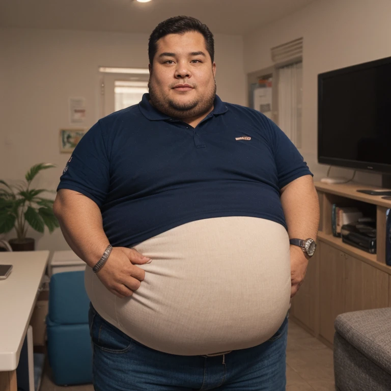 A fat middle-aged man is looking at the viewer and holding his crotch, use uma cueca box branca, cabelo preto curto, (obesidade: 0.7), 50 anos, Nerd, shy, sentado na cama, pernas abertas, em um pequeno quarto privado empoeirado, copos, cabelo fino casual, Thick neck and round face with a lot of fat, suando, Sozinho, Asian, sentido muito prazer