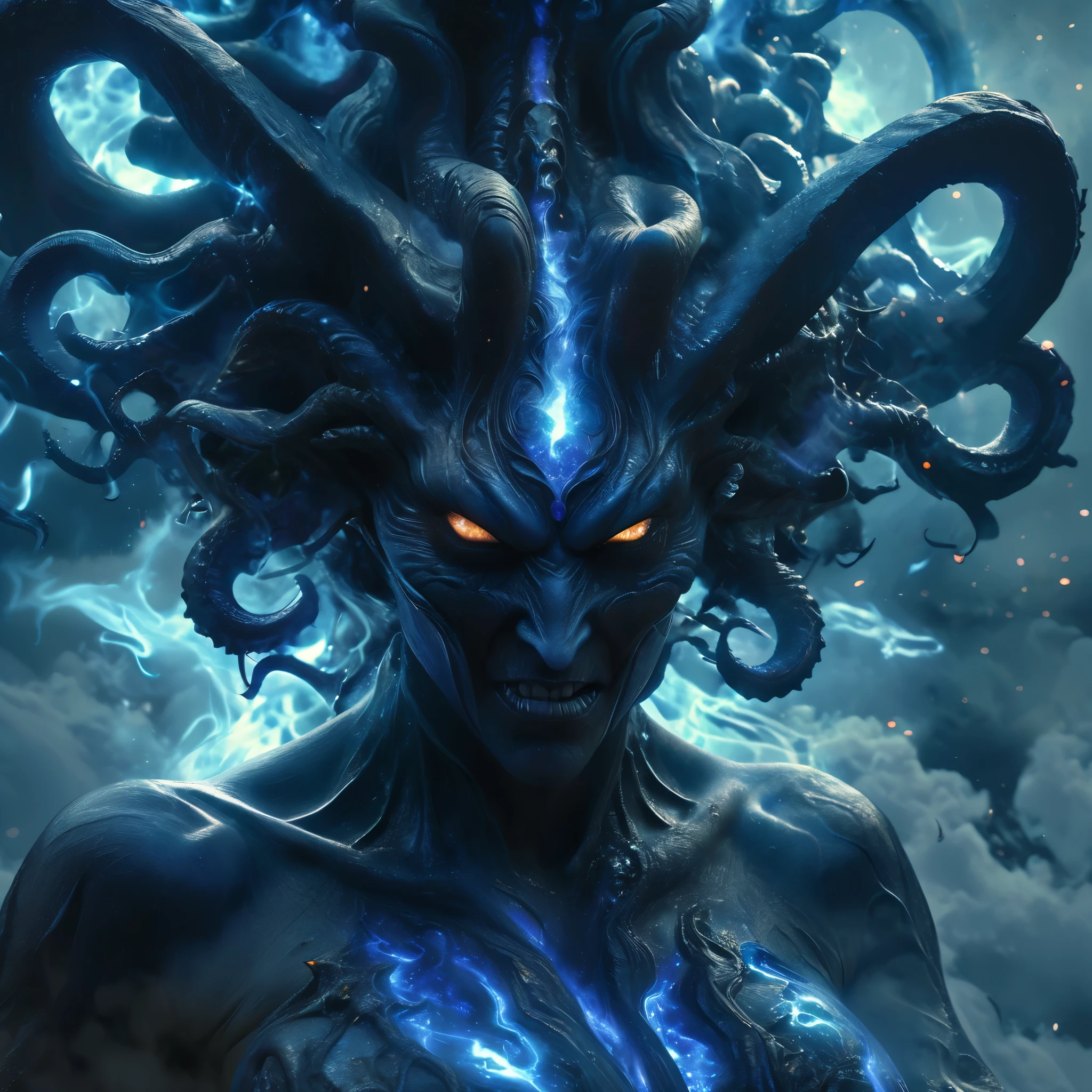 (best quality,4k,8k,highres,masterpiece:1.2),ultra-detailed,(realistic,photorealistic,photo-realistic:1.37),Giant demons with three faces from another dimension summoned from the magic circle, cosmic horror, deformed heads with tentacles and twisted horns, a tremendous number of huge fangs, long sharp claws, a long tail, a terrifying figure clad in blue flames, overwhelming violence that brings the world down into chaos, liberation of imagination, breaking the limits, creation of a new world (amazingly powerful and realistic composition by Greg Rutkowski:1.2) (one of them is the most beautiful girl's face in the universe:1.5), (NSFW:1.5), (It has an organ on its head that looks like the external genitalia of a female:1.5)