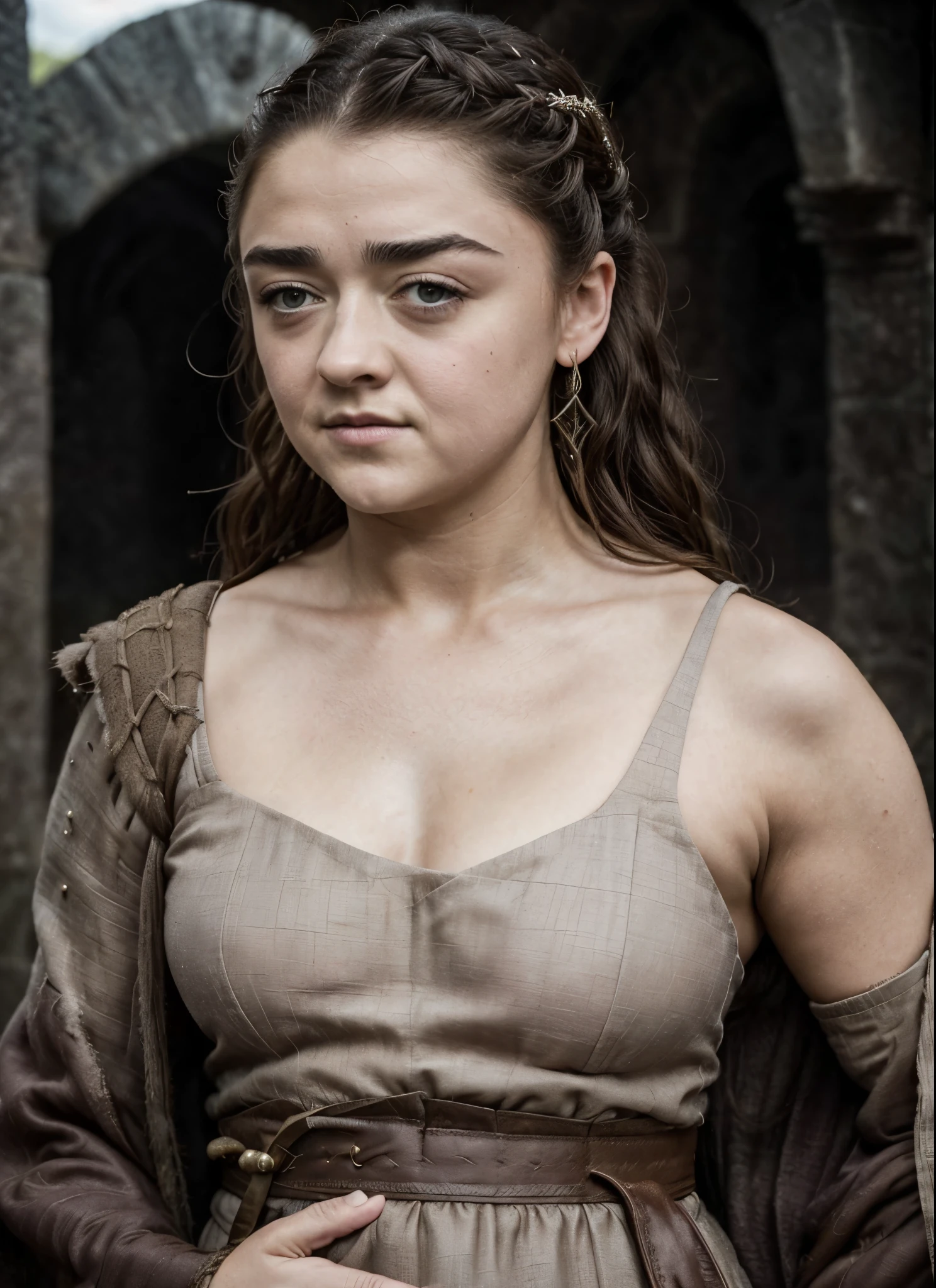 Foto RAW, RAW photograph of Maisie Williams, Arya Stark, 45 years old Woman, thick mature figure, motherly figure, incredible skin texture, skin pores, sweat, Extremely gorgeous lady, Arya Stark PLAYED BY MAISIE WILLIAMS, Queen Arya Stark, she  a mature woman now, milf, sexy mediaeval battle dress, gladiator woman, body, 40 years old Woman, body revealing costumes, perky breast, skin pores, big natural breast, erotic costumes, lusty physique, seductive figure can capture every people's attention, Game of thrones costumes, revealing captivating figure, Mediaeval costumes, revealing clothes, A tomboy, she would rather fence than dance, warrior queen , game of thrones screen caps, Game of Thrones Series, (pele altamente detalhada: 1.2), 8k UHD, DSLR, soft-lighting, alta qualidade, grain of film, Fujifilm XT3, flawless picture, highly detailed, detailed Beauty, intricate, 32k, sharp picture,