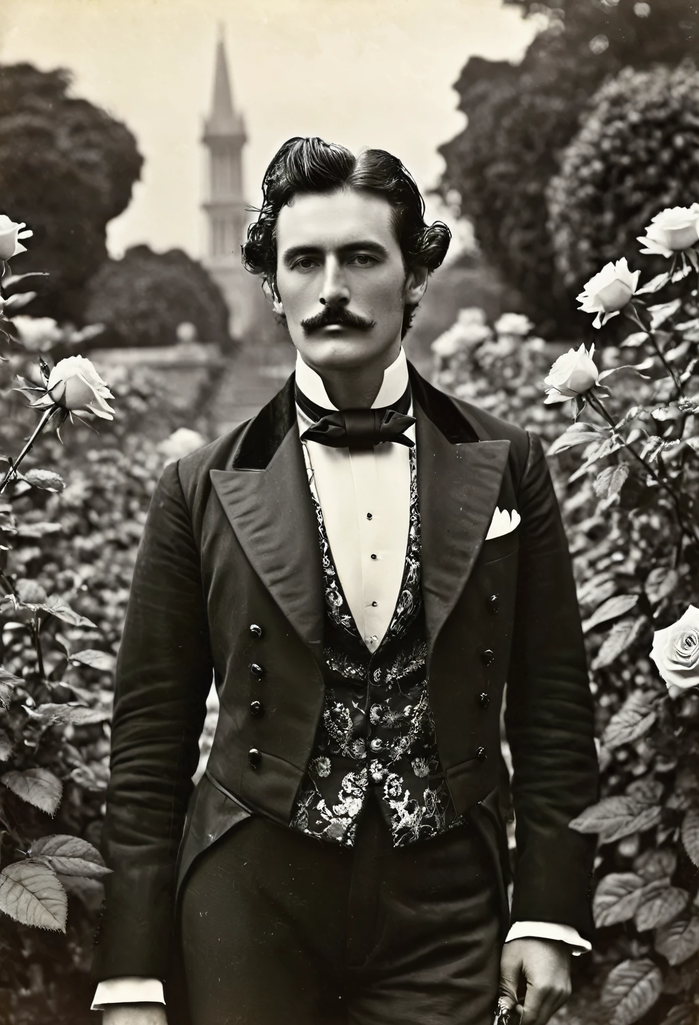 ((Man Portrait)), ( Victorian Fashion Style), ( Crystal Palace) (Early 19th Century era),Rose Garden, Classic, Rotten Row, English Style, Nobleman, Elegantism,scene of opulence --c 22 --ar 27:40 --s 999 --v 6.0