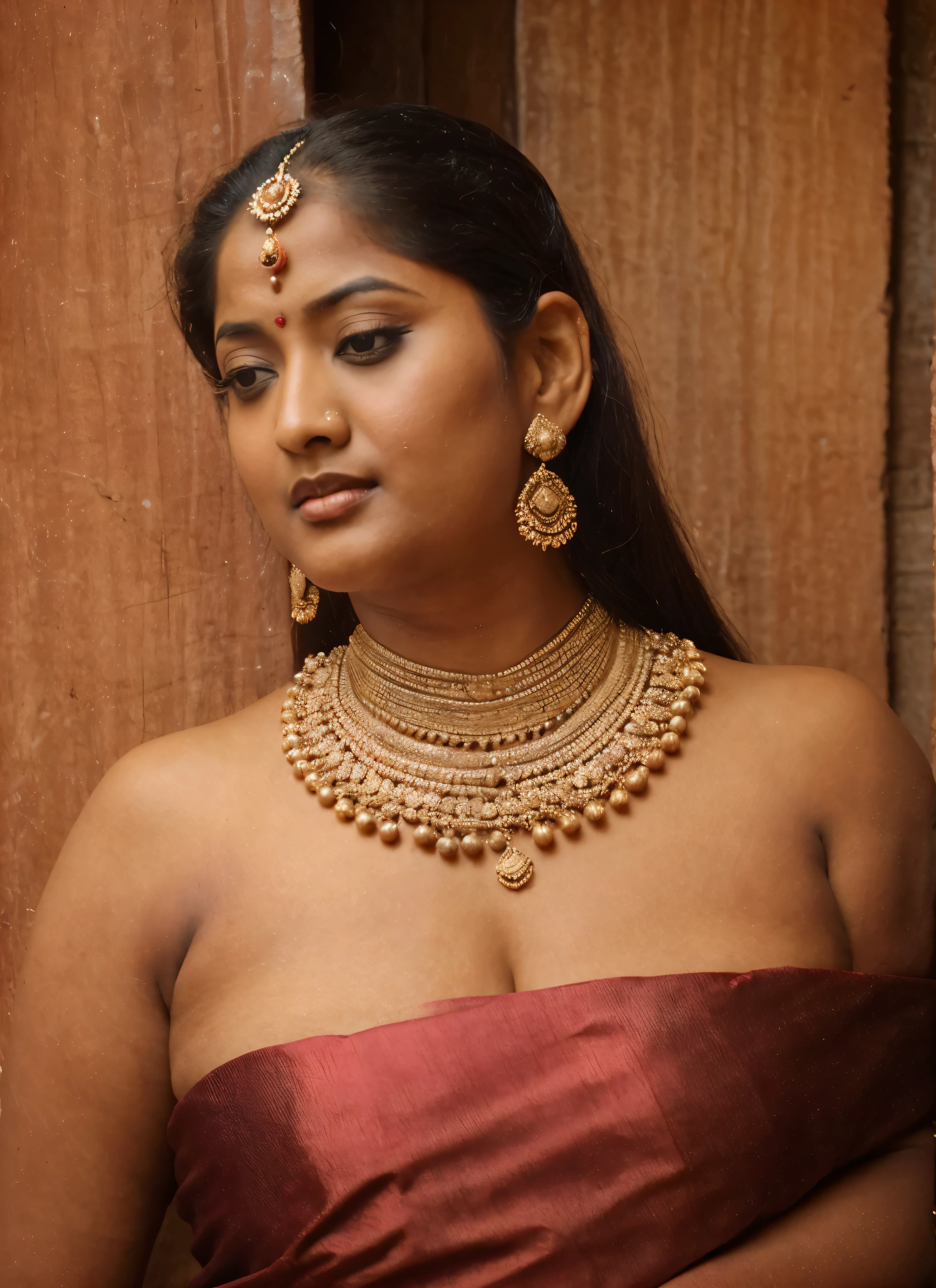 arafed woman in a pink sari, looks like Sandeepa Dhar, thick figure, curvy, traditional beauty, hindu aesthetic, assamese aesthetic, traditional makeup, indian goddess, indian girl with brown skin, wearing bihu dress mekhela sador, indian style, indian, gorgeous woman, south east asian with round face, a stunning portrait of a goddess, beautiful himalayan woman