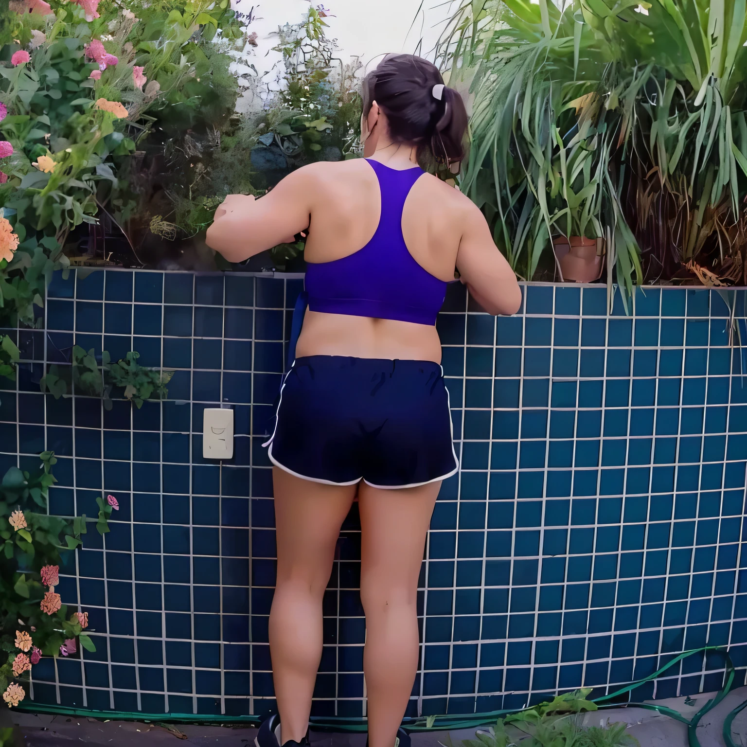 there is a woman standing next to a wall with flowers, back - shot, sport bra and dark blue shorts, squatting down next to a pool, fit pic, seen from the back, back pose, waist - shot, back shot, backview, shot from the back, sport bra and shorts, hunched shoulders, rear-shot, backshot. Best quality , high resolution, Masterpiece: 1.3, A high resolution, (photographically realistic), Beautiful girl, Pose, 8K, NFSW, fitness body, sports bra and dark blue shorts, toned legs. She is around 35 years old, a woman in good physical condition. Masterpiece, best quality, (best quality), realistic lighting, 8k.