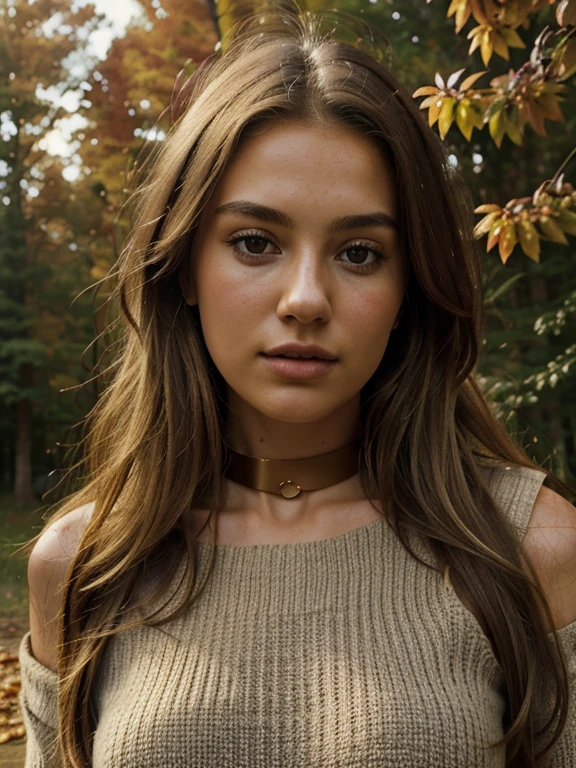 Photo of a 20-year-old solo girl, with long, loose golden hair, a colossal presence, looking directly at the spectator with brown, captivating eyes, adorned with jewelry. Her entire body is in the frame, wearing a sweater and showcasing a sexy, realistic allure, with her shoulders bared and a collar peeking out from beyond her shoulders. (best quality, highres, ultra-detailed: 1.2), Golden hour lighting, outdoor, atmospheric, autumn landscape, crisp leaves, rustic textures, (the highest quality, 16k, masterpiece: 1.3).