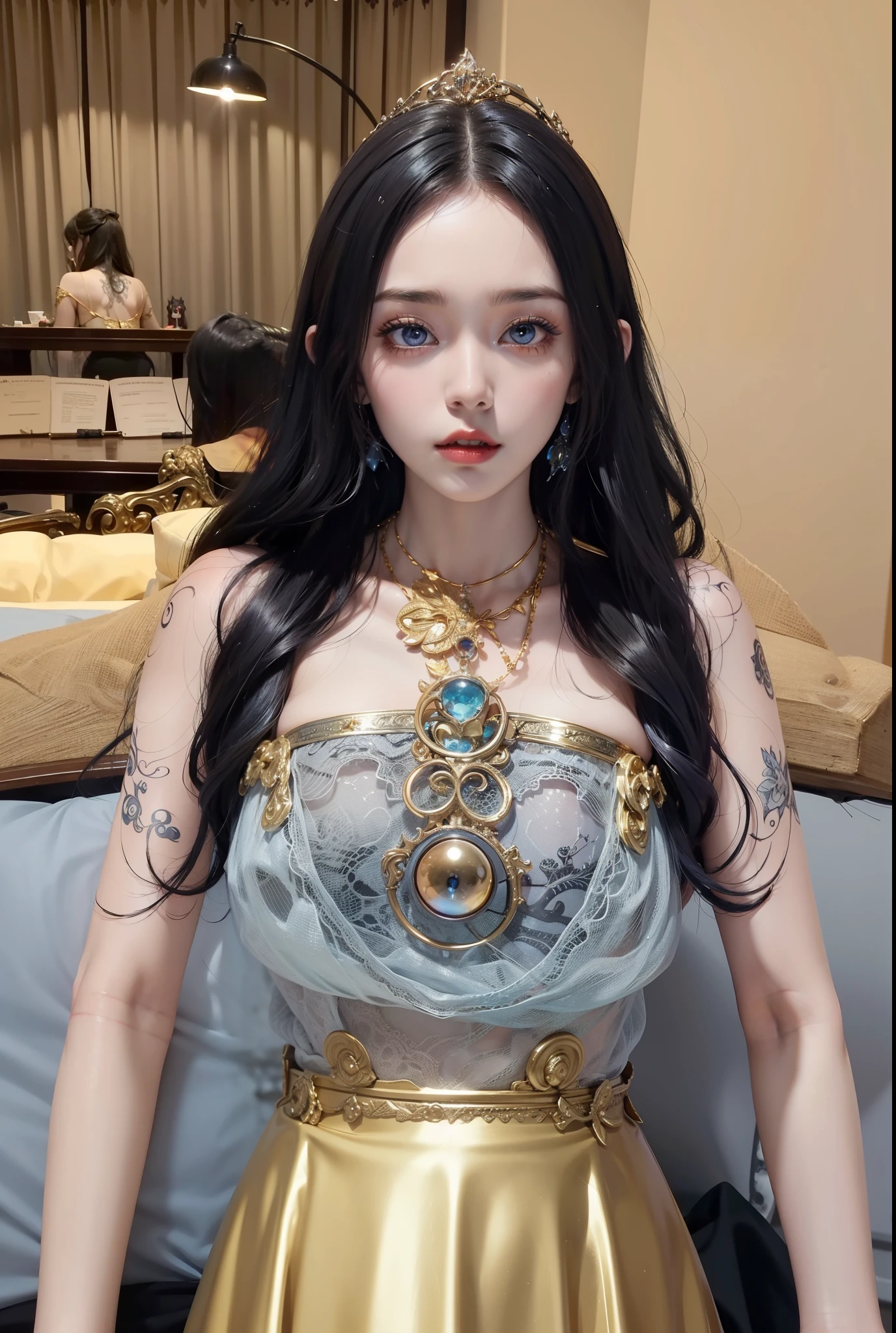 Master paintings，8K image quality big breasts，Master paintings，8K image quality big breasts，Small breast，Succubus，Devil wings，Delicate eye portrayal，Delicate portrayal of facial features，Delicate body portrayal，Delicate makeup portrayal，Metal chain，Long Black Hair，Elongated body，open-chested，Long legs，（（Exposure））（（wounded））Covered in blood，looming pubic hair，Gorgeous jewelry，areolae,