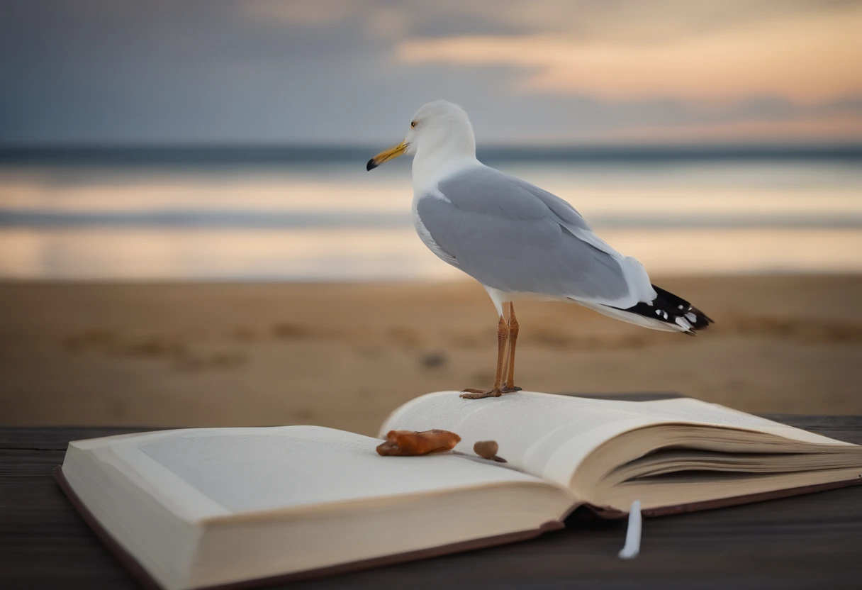 Book cover, on it the background is a clear blue sky with white clouds and seagulls, blue ocean, in the foreground there is an open book on the golden sand, and next to the book there is a beautiful seagull, all scales and proportions are observed, High image quality.