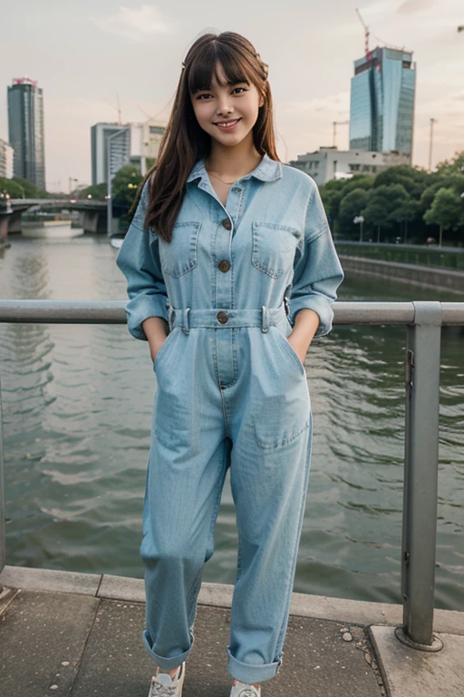 masterpiece, 1girl, 16 year old, beautiful bangs, full body image, wearing a Vintage Harajuku Jumpsuits, on the bridge, evening, photo from phone, casual photo, beautiful eyes, beautiful facial structure, realistic, smiling, cute, Asian,