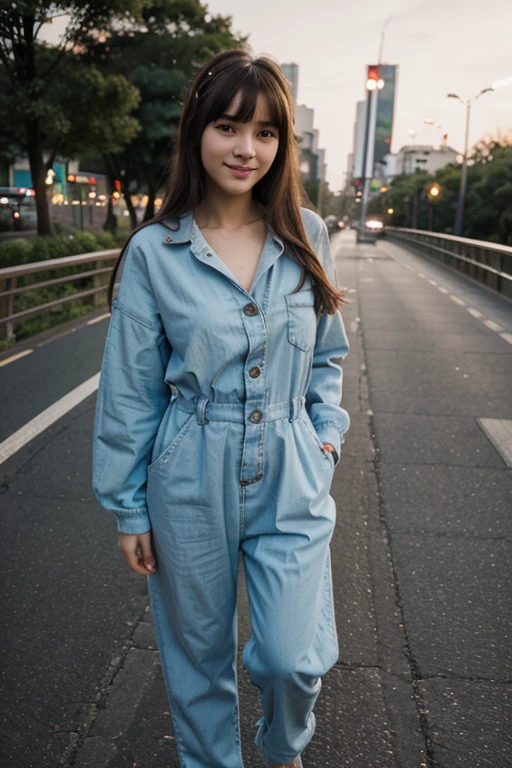 masterpiece, 1girl, 16 year old, beautiful bangs, full body image, wearing a Vintage Harajuku Jumpsuits, on the bridge, evening, photo from phone, casual photo, beautiful eyes, beautiful facial structure, realistic, smiling, cute, Asian, 