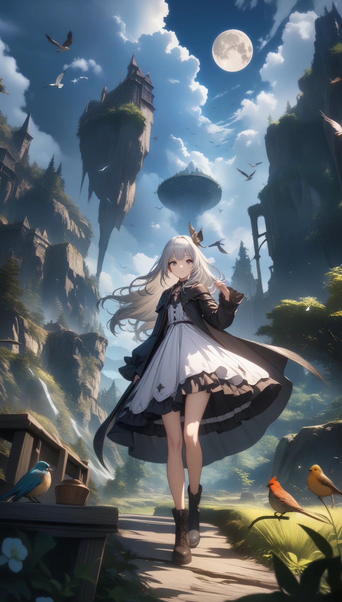 32k, best quality, ultra high res, HDR, UHD, extremely detailed CG, unity 32k wallpaper, highest quality, very detailed, masterpiece, Super detailed, cloud, witch_have, have, 1 girl, null, green_null,Day, length_hair, cloudy_null, moon,bird, alone, Silver_hair, witch, outdoor,  