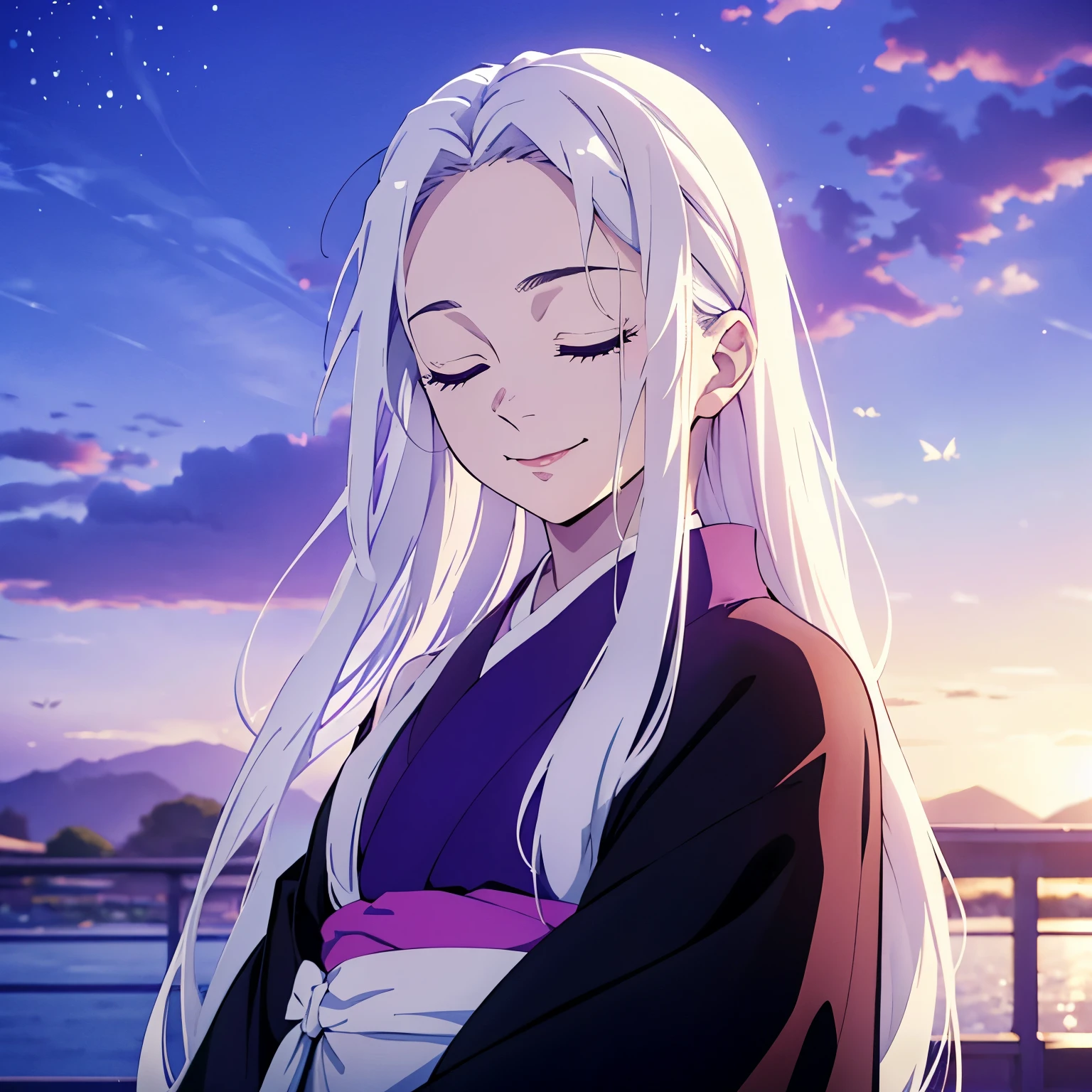 (1 girl), closed eyes, White hair, (long straight hair), beautiful girl, dark purple color kimono, studying, one butterfly hair pin, clear lines, clear colors, face focus, light smile,  girl, looking at sky, day time