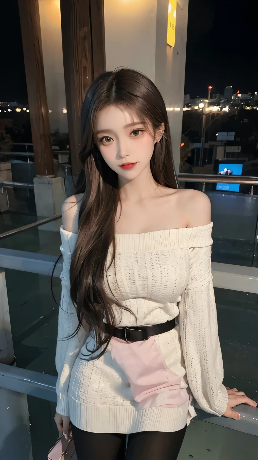 A beautiful Chinese girl wearing an off-shoulder white sweater dress and black pantyhose,Height 160,Weight 45kg,Perfect body,fairer complexion,Oval face,Deep facial features,Long brown hair,A confident smile,A little blush on face,light pink eyeshadow,night time，Posing against the railing on the observation deck,Realistic style,masterpiece