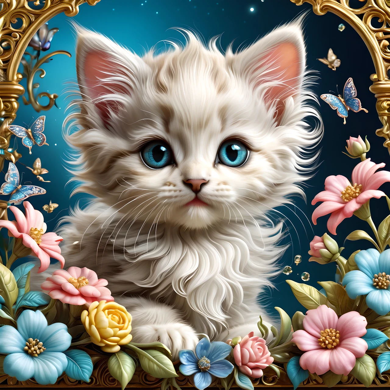  cute kitten with whimsical rococo, intricate details, whimsical, magical, best quality, masterpiece 