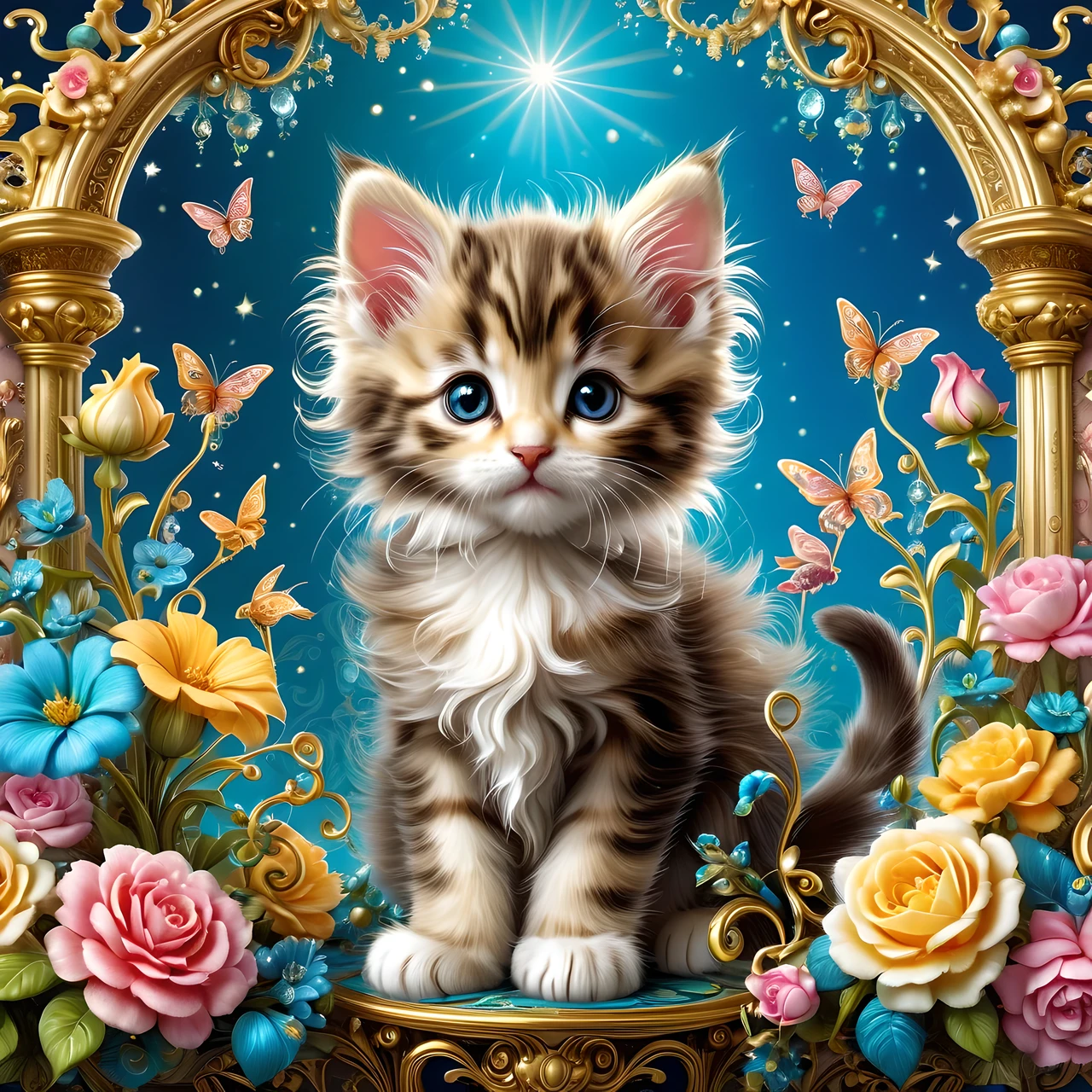  cute kitten with whimsical rococo, intricate details, whimsical, magical, best quality, masterpiece 