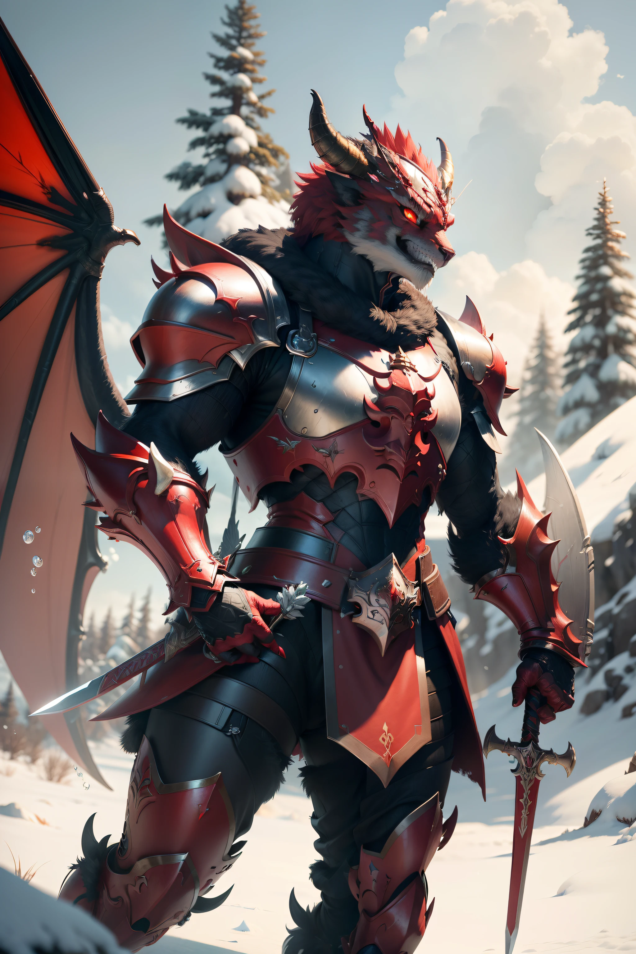Super cute furry warrior red dragon in armor、vista superior do corpo、realista、4K、ultra-detalhado、 vray renderizado、motor irreal、Artistic style in the middle of the journey、Fundo do campo de neve、Sword and shield in hand、Dragonfly-like wings on the back、