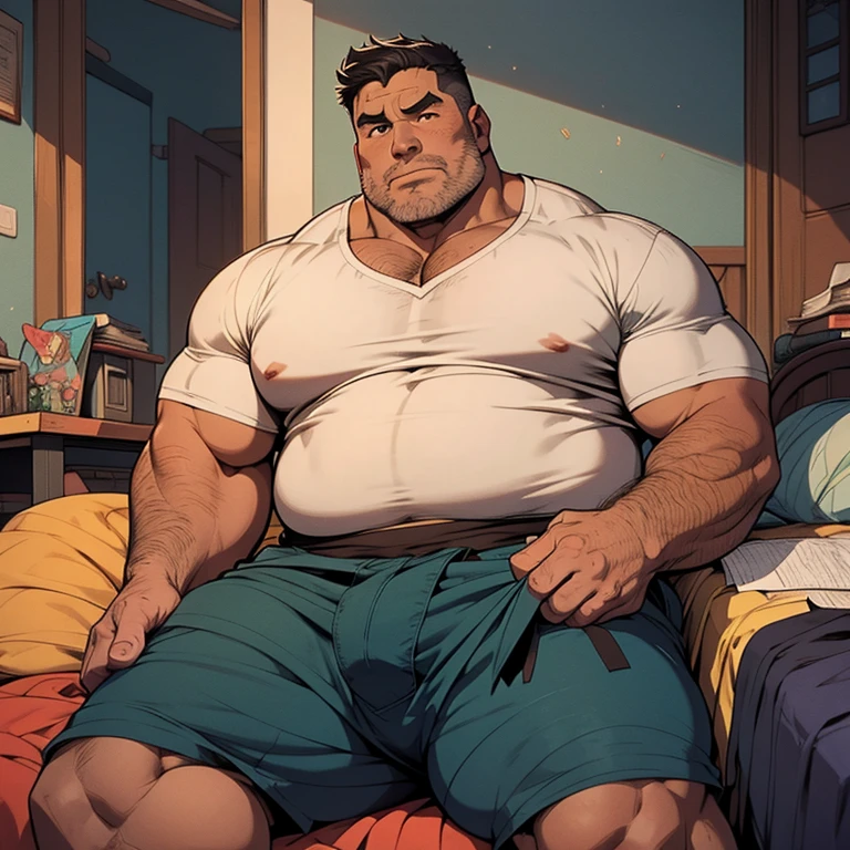 A fat middle-aged man is looking at the viewer and holding his crotch, use uma cueca box branca, cabelo preto curto, (obesidade: 0.7), 50 s, Nerd, shy, sentado na cama, pernas abertas, em um pequeno quarto privado empoeirado, copos, cabelo fino casual, Thick neck and round face with a lot of fat, suando, Sozinho, Asian, sentido muito prazer