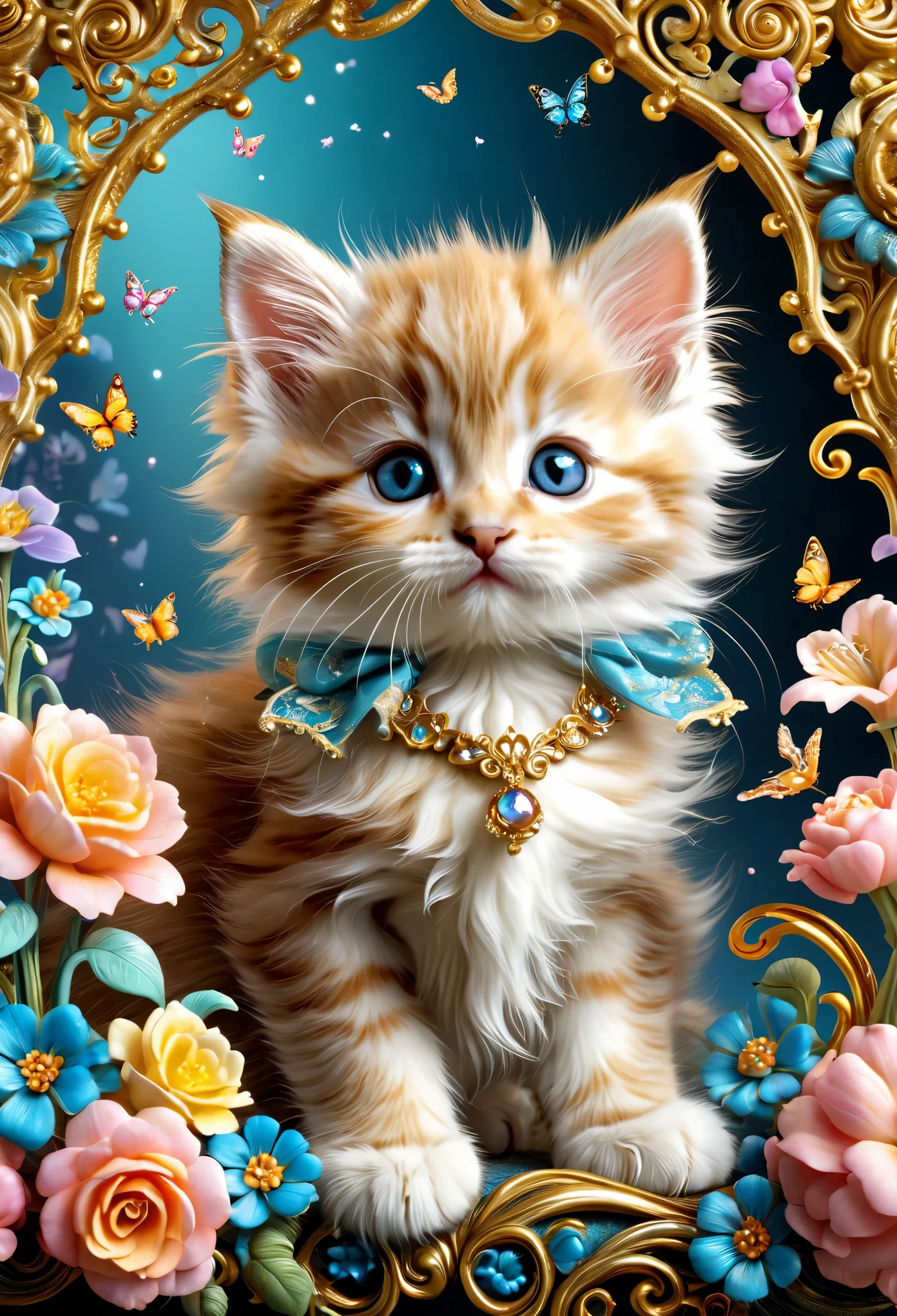  cute kitten with whimsical rococo, intricate details, whimsical, magical, best quality, masterpiece 