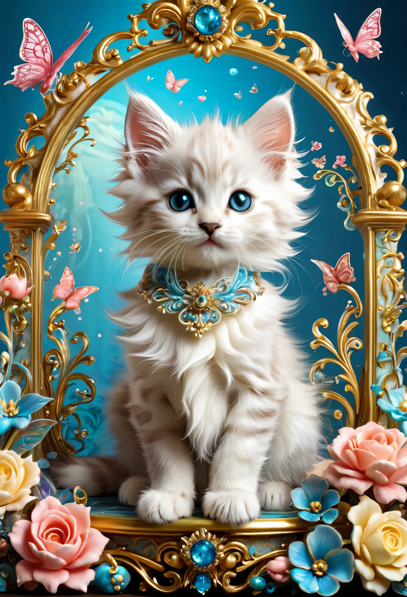  cute kitten with whimsical rococo, intricate details, whimsical, magical, best quality, masterpiece 