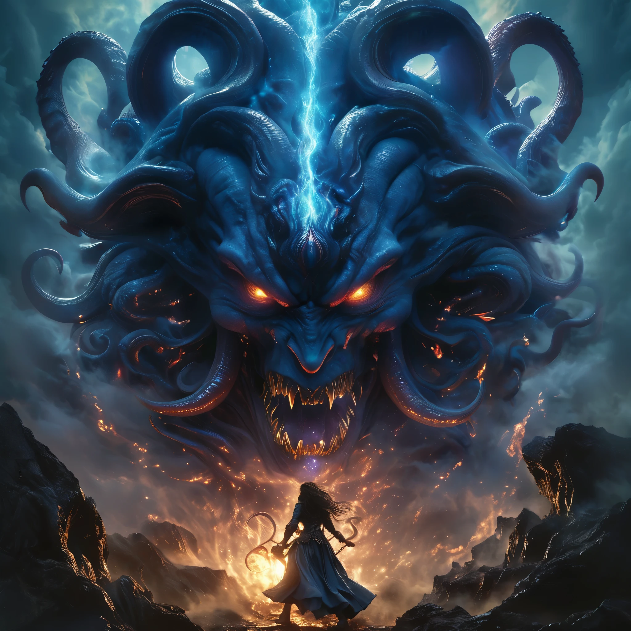 (best quality,4k,8k,highres,masterpiece:1.2),ultra-detailed,(realistic,photorealistic,photo-realistic:1.37),Giant demons with three faces from another dimension summoned from the magic circle, cosmic horror, deformed heads with tentacles and twisted horns, a tremendous number of huge fangs, long sharp claws, a long tail, a terrifying figure clad in blue flames, overwhelming violence that brings the world down into chaos, liberation of imagination, breaking the limits, creation of a new world (amazingly powerful and realistic composition by Greg Rutkowski:1.2) (one of them is the most beautiful girl's face in the universe:1.5), (NSFW:1.5), (It has an organ on its head that looks like the external genitalia of a female:1.5)