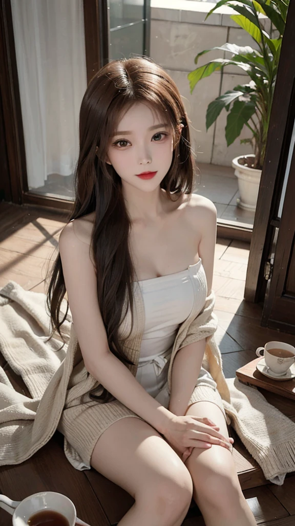 from above,she is looking at viewer,masterpiece,real photos,(solo) Real light and shadow,HDR backlight,Contour light,Shallow depth of field。reddish brown long straight hair,Elegant Chinese beauty, Wearing a strapless cardigan dress,A confident smile,Sitting elegantly on the floor making tea