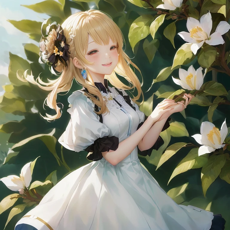 Anime girl in a white dress holding a flower in her hand, Magical Forest Maid, Loli in a dress, Cute anime wife in a nice dress, Also, Splash Art Anime , , Google on pixiv artstation, violet evergarden, From Dolls Frontline, maAlso kitagawa fanart, Smiling like a fairy queen