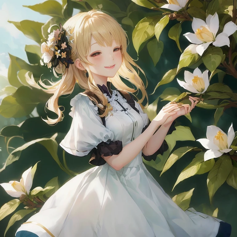 Anime girl in a white dress holding a flower in her hand, Magical Forest Maid, Loli in a dress, Cute anime wife in a nice dress, Also, Splash Art Anime , , Google on pixiv artstation, violet evergarden, From Dolls Frontline, maAlso kitagawa fanart, Smiling like a fairy queen