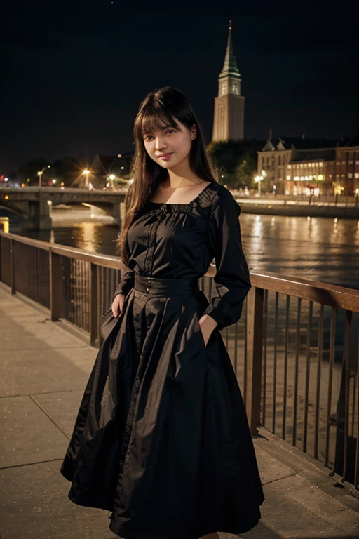 masterpiece, 1girl, 16 year old, beautiful bangs, full body image, wearing a Vintage Gothic high waist long skirt, on the bridge, evening, photo from phone, casual photo, beautiful eyes, beautiful facial structure, realistic, smiling, cute, Asian,