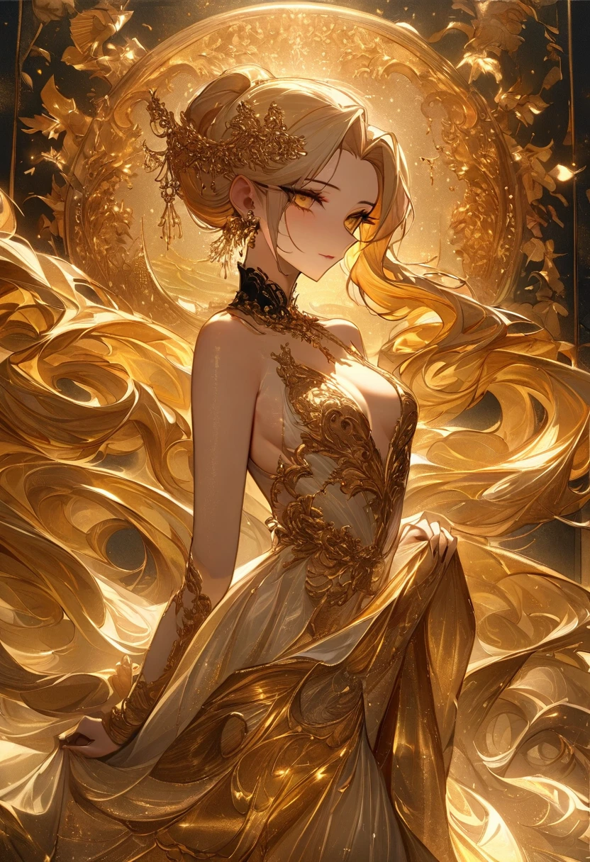1girl, Gold Leaf Art, goldcarvingcd_xl, jinsixiangyun, traditional, golden, Gold Foil Art, gold leaf,gilded details,shimmering surface,meticulous craftsmanship,rich texture,ornate patterns,hand-applied gold leaf,golden accents,delicate brushwork,reflective surfaces,luxurious finish,breathtaking beauty,meticulous detailing,elegant composition,fine art masterpiece,visual opulence,vibrant colors,glowing golden hue,dramatic contrast,subtle shine,golden radiance,exquisite craftsmanship,gleaming surfaces,richly layered,illumination quality,baroque influences,refined elegance,luminous highlights,rich and regal,unparalleled luxury,artistic magnificence,timeless beauty,self-reflective surfaces,polished luminosity,lustrous appearance,dazzling brilliance,opulent aesthetic,opulent opulence,limitless beauty,decorative embellishments,unmatched elegance,celestial luminosity,heavenly glow,fine brushstrokes,delicate intricacy,detailed precision,exquisite artistry,dazzling exuberance,unparalleled grandeur,luxurious embellishments,illuminating radiance,dynamic texturing