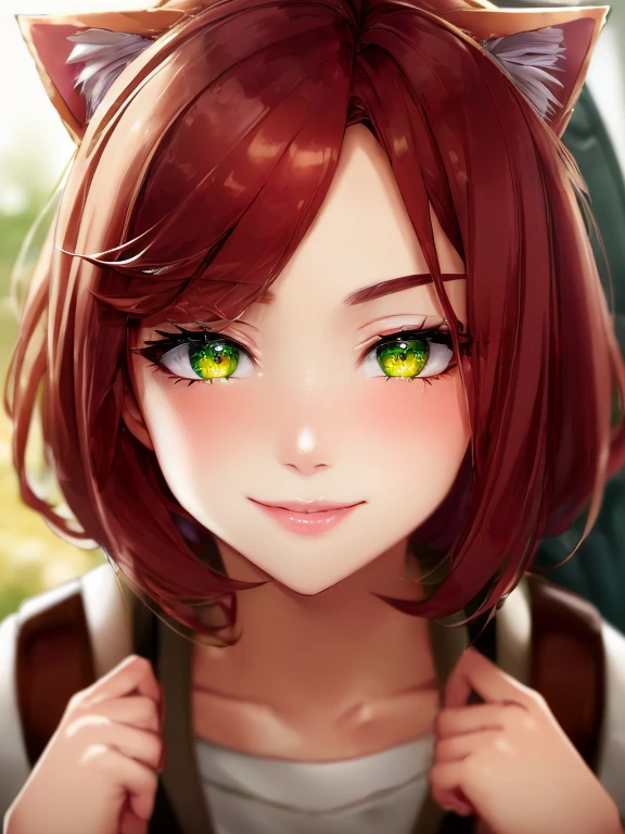 Green Eyes, annie, 1 Girl, Red Hair, smile with teeth, 8k, Detailed, masterpiece, close up, Green Pupil, brown leather backpack, short hair, fake cat ears, long bangs, close up, fire
