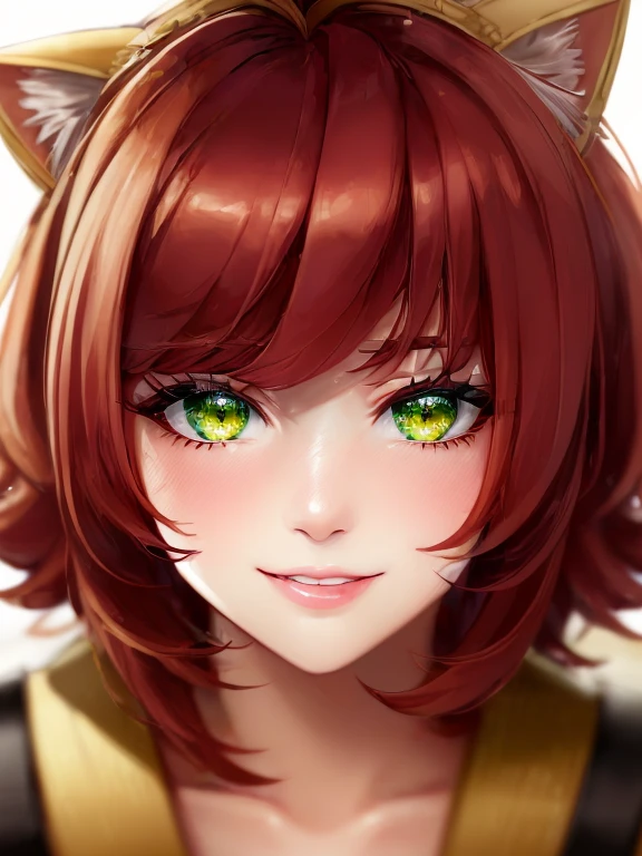 Green Eyes, annie, 1 Girl, Red Hair, smile with teeth, 8k, Detailed, masterpiece, close up, Green Pupil, brown leather backpack, short hair, fake cat ears, long bangs, close up, fire
