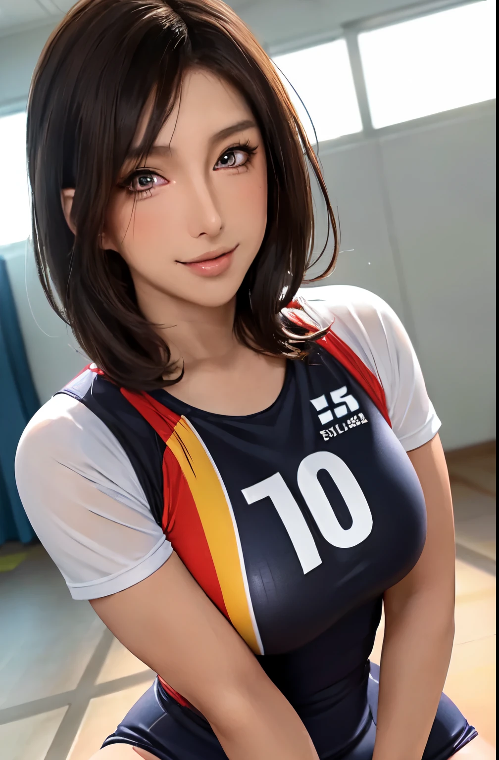 1 Lady Solo, /(volleyball uniform/), /(dark brown hair/) bangs, A light smile with blushing cheeks, (Masterpiece of the highest quality:1.2) Very detailed and delicate illustrations, big holiday /(Indoor volleyball court/)