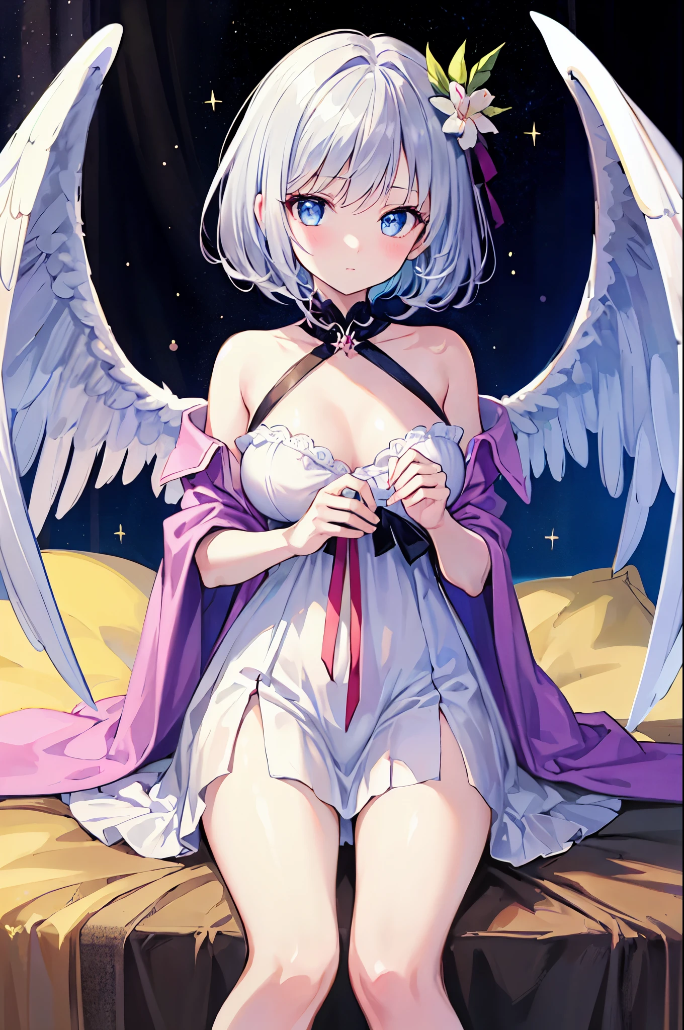 ​masterpiece, top-quality, 1girl in、Sagume, Silver-haired medium hair,Silver eyes(Heart shaped pupils) , a bed、One Wings of an Angel、Colossal tits、A slender、fullnude、It is dripping with the mouth open and the tongue sticking out、Seeking courtship、full body seen、Face of estrus on chest、crotch open、photos realistic、Courtship action