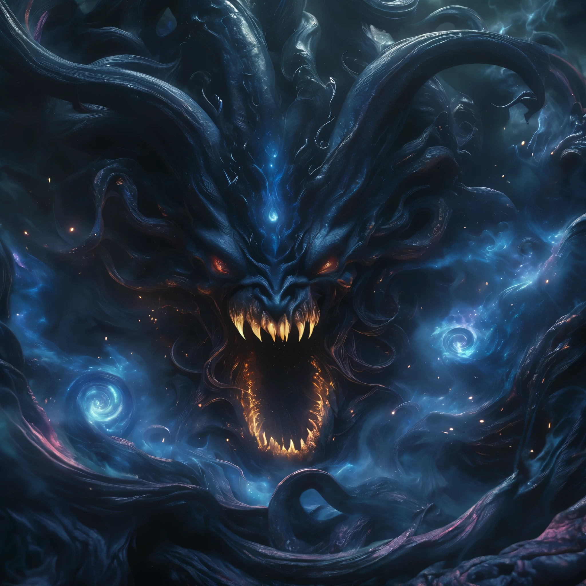 (best quality,4k,8k,highres,masterpiece:1.2),ultra-detailed,(realistic,photorealistic,photo-realistic:1.37),Giant demons with three faces from another dimension summoned from the magic circle, cosmic horror, deformed heads with tentacles and twisted horns, a tremendous number of huge fangs, long sharp claws, a long tail, a terrifying figure clad in blue flames, overwhelming ???????? that brings the world down into chaos, liberation of imagination, breaking the limits, creation of a new world (amazingly powerful and realistic composition by Greg Rutkowski:1.2) (one of them is the most beautiful girl's face in the universe:1.5), (NSFW:1.5), (It has an organ on its head that looks like the external genitalia of a female:1.5)