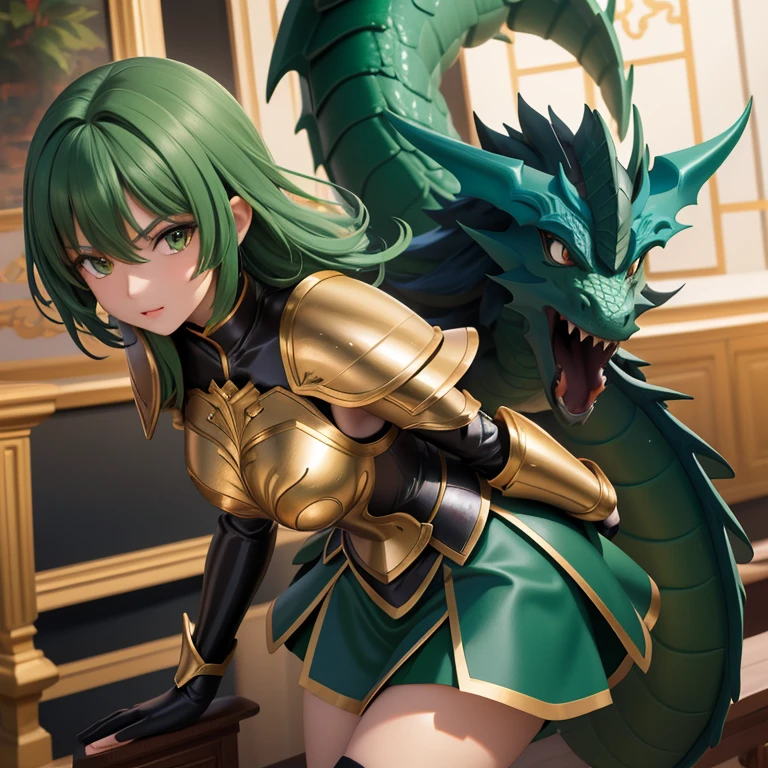 une femme, 25 ans, manga, cheveux longs, cheveux de couleur noire, black hairs, green armor, armure de couleur verte, armure du dragon de couleur verte, dragon scale skirt, dragon scale skirt, green shest armour, saint seiya, shiryu, dragon, casque, chevalier du zodiaque, piques montagneux, cascade, falaise