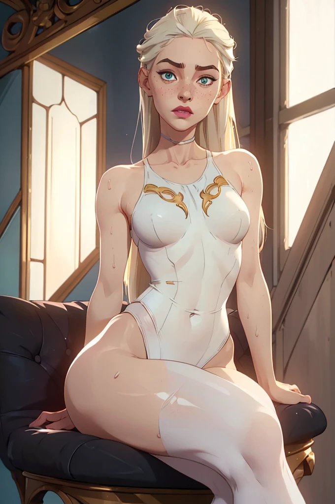 exy 20 year old woman, wider ballet dancer body, ((white armless leotard and wearing black ballet shoes)), freckles, bright green eyes with brown spots, scar on her chin, small height, very long straight and smooth white blond hair with long bangs, hair strands over face, darker fringe-hair, curved eyebrows, small rounder detailed lips, stain lipstick, long eyelashes, primer, cream eyeline, framless glasses, elegant small gold earrings, (((very pale skin, down turned smaller nose, small low hanging and heavier breasts, narrow waist, wide hips, inflated legs, thick thighs, ((detailed face)), 4k, highly detailed face, cute, slutty, sensual, seductive look, seductive, exhausted look, sitting with crossed legs in blue light ballet training room, blue light playing of her face and body, sweat on her body