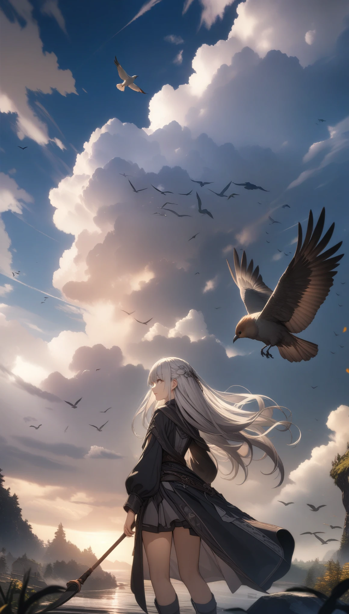 32k, best quality, ultra high res, HDR, UHD, extremely detailed CG, unity 32k wallpaper, highest quality, very detailed, masterpiece, Super detailed, cloud, witch_have, have, 1 girl, null, green_null,Day, length_hair, cloudy_null, moon,bird, alone, Silver_hair, witch, outdoor,  