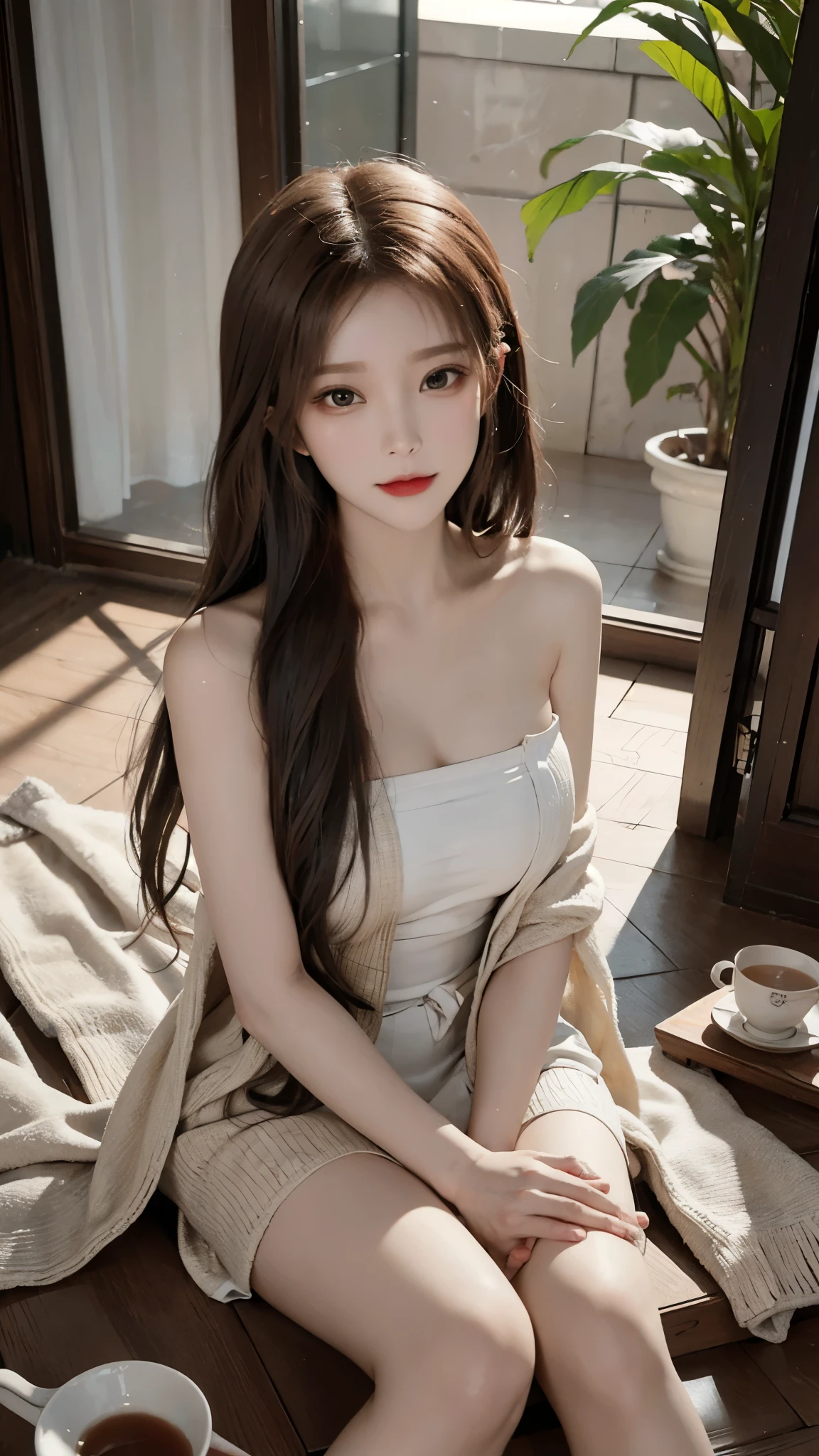 from above,she is looking at viewer,masterpiece,real photos,(solo) Real light and shadow，HDR backlight，Contour light，Shallow depth of field。reddish brown long straight hair，Elegant Chinese beauty, Wearing a strapless cardigan dress，A confident smile，Sitting elegantly on the floor making tea