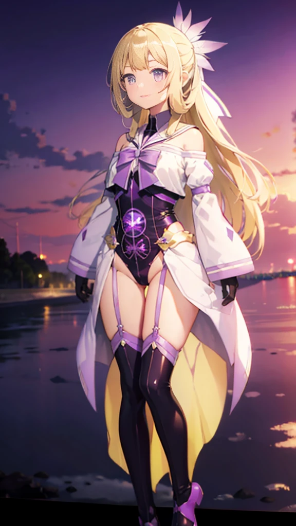 (Very detailed CG), (highest quality), 1 girl,alone, gray eyes,long hair, blonde hair,purple dress,Wide white sleeves,purple ribbon,purple stockings,hair ornaments,bare shoulders,Removed sleeve, black gloves, dull bangs, Magical girl, perfect face,  shiny skin, Glossy skin, wide hips,tight waist,leotard，heel boots，Elbow Bag,1 girl, long hair, sunset，Octans