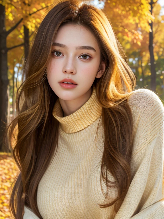 Photo of a 20-year-old solo girl, with long, loose golden hair, a colossal presence, looking directly at the spectator with brown, captivating eyes, adorned with jewelry. Her entire body is in the frame, wearing a sweater and showcasing a sexy, realistic allure, with her shoulders bared and a collar peeking out from beyond her shoulders. (best quality, highres, ultra-detailed: 1.2), Golden hour lighting, outdoor, atmospheric, autumn landscape, crisp leaves, rustic textures, (the highest quality, 16k, masterpiece: 1.3).