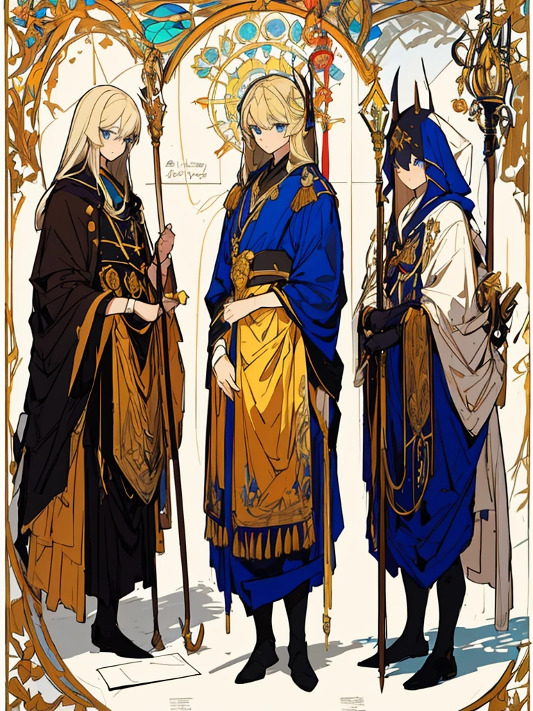 (masterpiece:1.2, highest quality),(Colored Background) (Beautiful detailed eyes: 1.2), (Highly detailed CG Unity 8K wallpaper, masterpiece, highest quality, Super detailed, best shadow), (detailed background) ,arms(With a long cane),solo ,golden hair,blue eyes,1girl, sketch (Character design sheet, same character, full body, Three-View, front, ~ side, return), solo