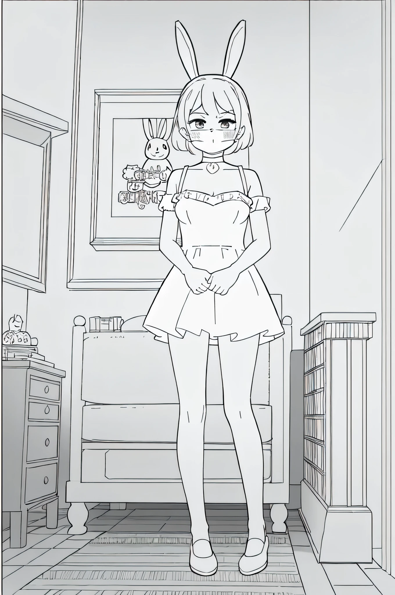 (best quality, masterpiece, RAW photo,ultra-detailed:1.2), 1girl,fullbody, looking at viewer, bunny, bunny outfit,monochrome,simple background, bedroom, front, choker, mask on face, yandere view