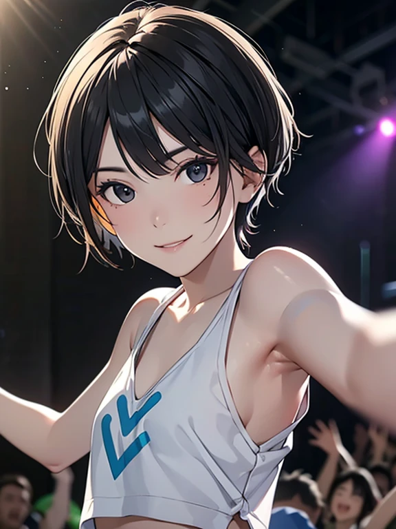 (Rave:1.44),(Club night:1.2), (Costume party:1.2),masterpiece, High resolution, High-definition CG Unity 8K,realistic,Raw photo,Beautiful and dense face, white skin,(1 girl),skinny,flat chest,(black eye),black hair,(very short hair),Side undercuts,Flowing bangs、(dynamic angle),crowd、Raise your arms and smile