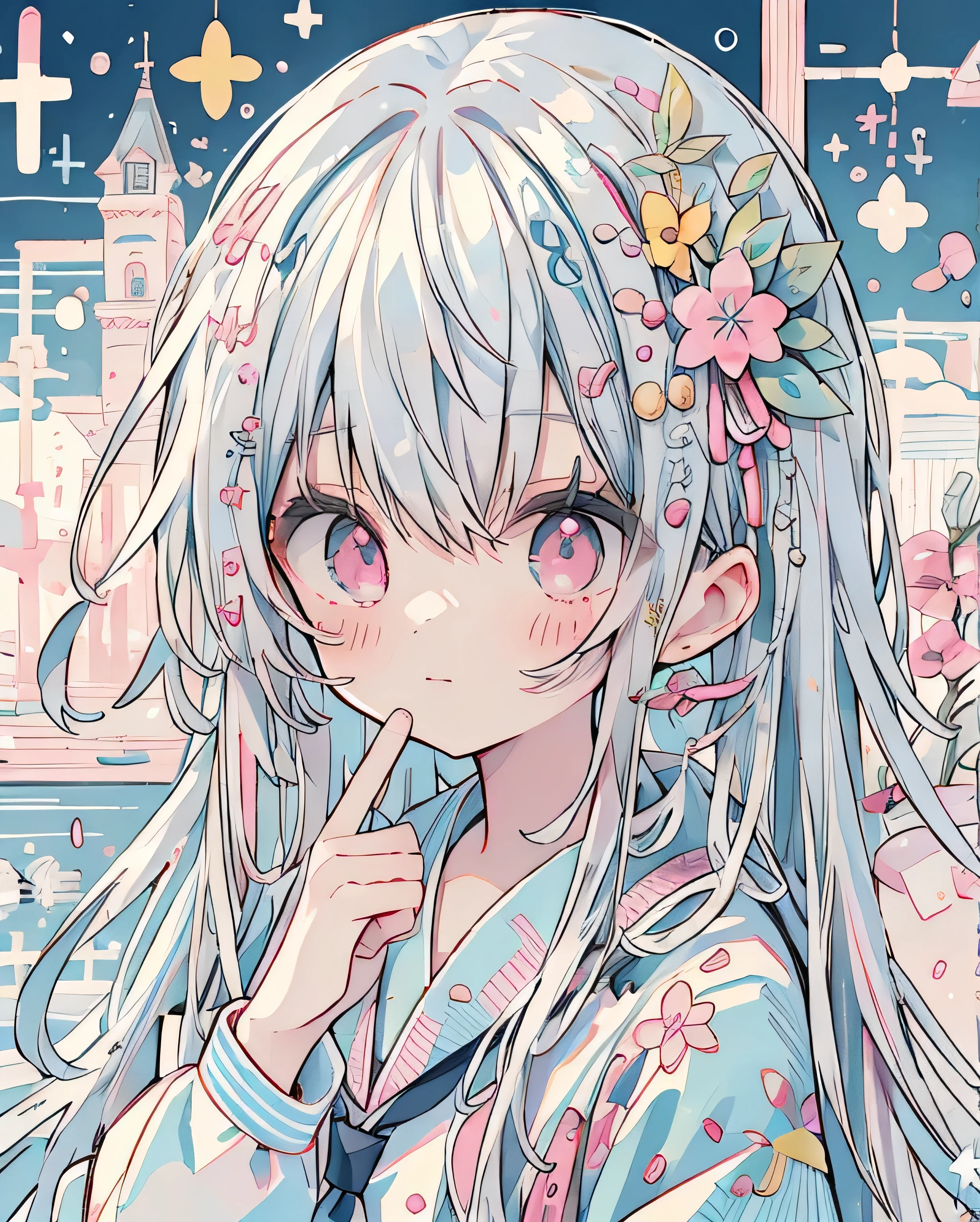 absurd, High resolution, (anime style:1.1), ((table top)), ((highest quality)), (Super detailed), (beautiful), solo, beautiful face、cute,Wind,gray hair、I have long hair、length、pink eyey hair flutters in the wind、白いsailor suit、Light blue tie、cute light blue skirt、(table top、table top、8K)floating in the air(Angelic、Angelic Wing)(((Angelic)))(((sailor suit)))