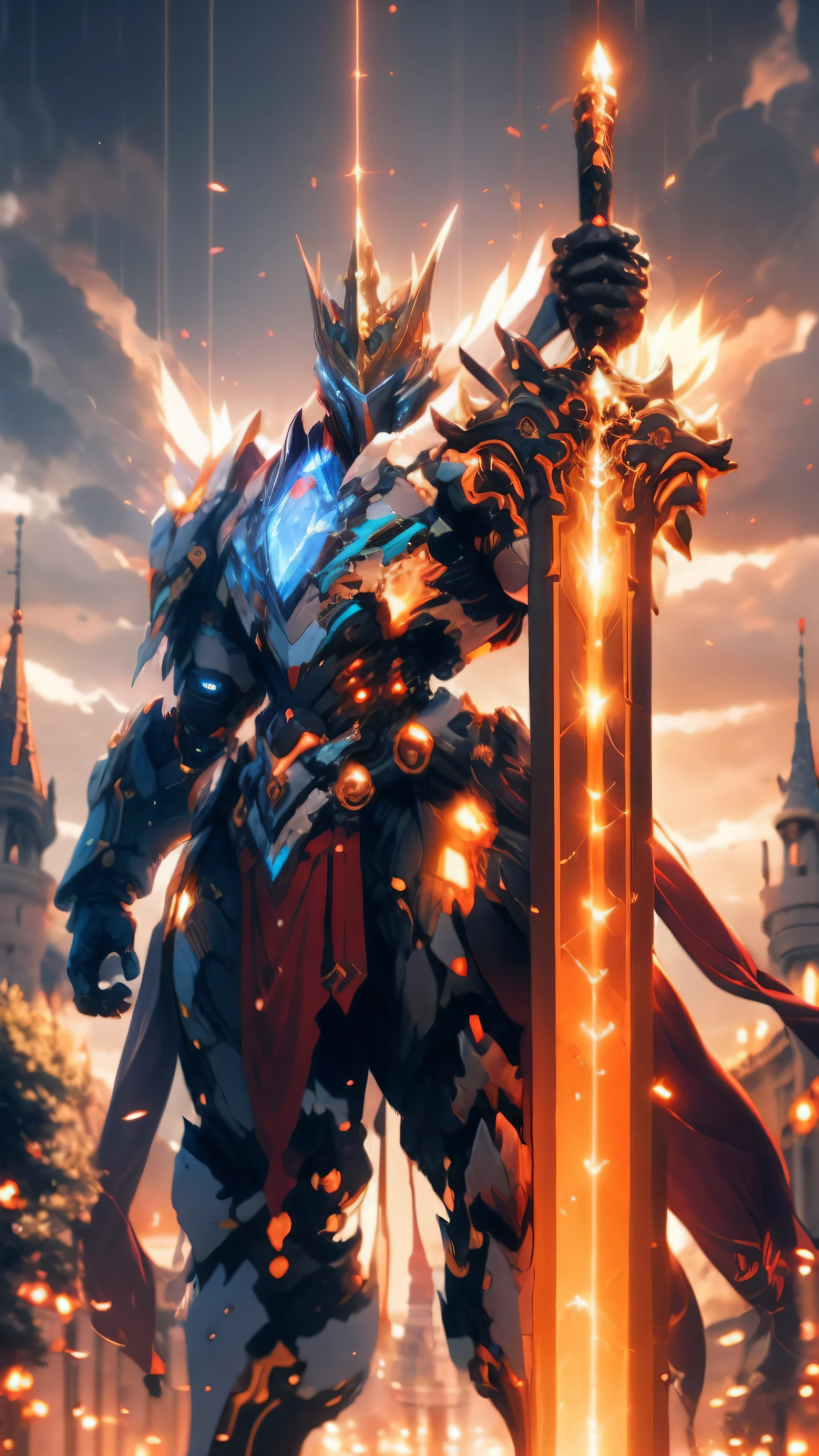 obra de arte, Rei ciborgue, epic, segurando um Lance gigante, Poder divino, celestial, Energia infundida de luz, qualidade ultra alta, , HDR, Hiper-detalhamento, cinematic light,Castelo Celestial, RTX, 8k