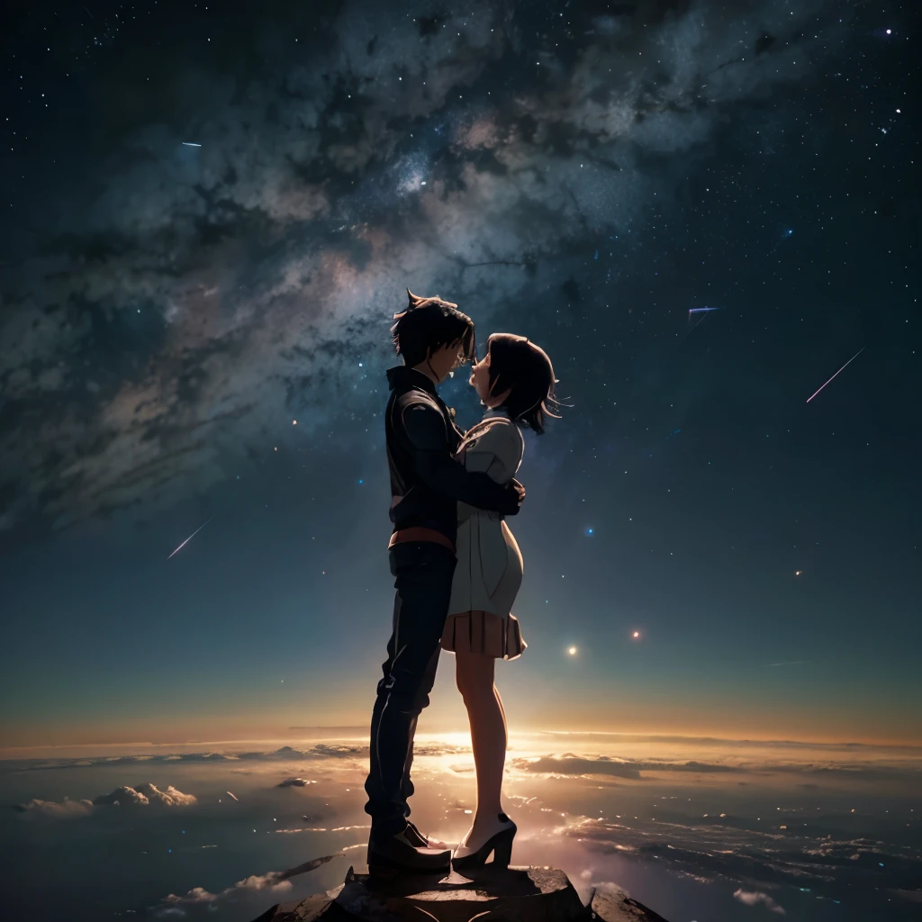 anime - style scene of a beautiful sky with a star and a planet, with 2 boys levitate grabbing each other hand, cosmic skies. by makoto shinkai, anime art wallpaper 4k, anime art wallpaper 4 k, anime art wallpaper 8 k, anime wallpaper 4k, anime wallpaper 4 k, 4k anime wallpaper, anime sky, amazing wallpaper, anime background, heaven planet in background, anime background art