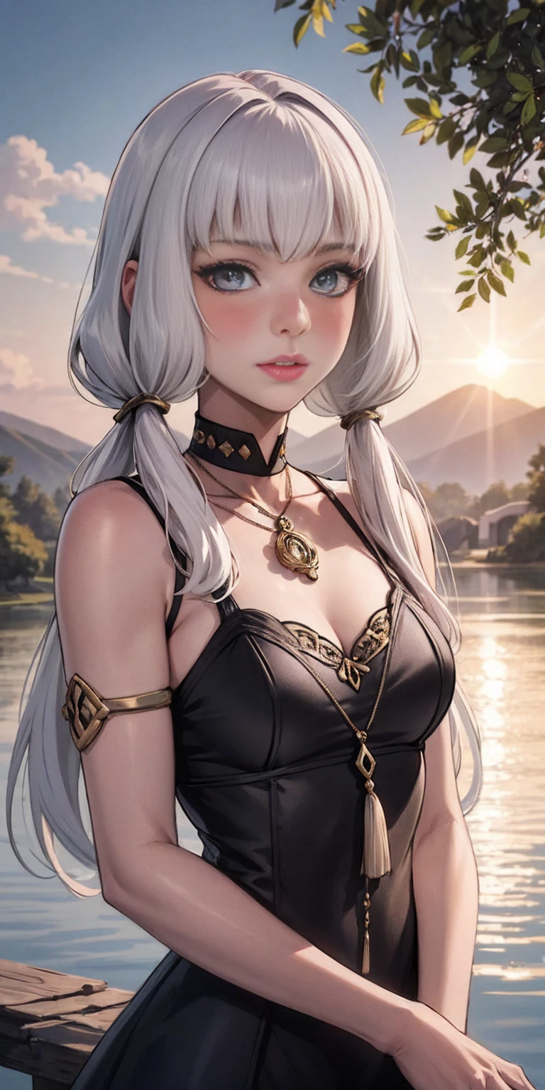 Lysithea von Ordelia is depicted in this artwork as a serene and captivating figure. She is portrayed as a young girl with long, straight hair and mesmerizing eyes. Her hair is styled in low twintails, giving her a unique appearance. The artwork is presented in a monochrome greyscale, with the exception of a few elements.
Lysithea is shown in an upper body shot, wearing a flowing dress that adds to her poised posture. Her porcelain skin is accentuated by a subtle blush, giving her a delicate and ethereal look. She is adorned with a crystal pendant, which adds a touch of elegance to her overall appearance.
The artwork takes place during the golden hour, as indicated by the warm tones, sun flare, and soft shadows. This lighting technique enhances the vibrant colors, creating a painterly effect that adds to the dreamy atmosphere of the piece. The scene is set against a scenic lake, with distant mountains and a willow tree. The calm water reflects the sunlit clouds, contributing to the peaceful ambiance and idyllic sunset.
The level of detail in this official art is remarkable, with every element meticulously rendered. The artwork is presented in unity 8k wallpaper resolution, allowing viewers to appreciate the intricate details. Additionally, the zentangle and mandala elements add a touch of complexity to the overall composition.