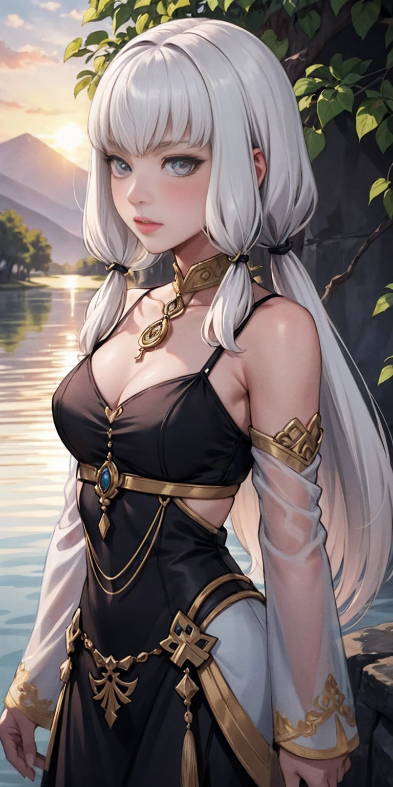 Lysithea von Ordelia is depicted in this artwork as a serene and captivating figure. She is portrayed as a young girl with long, straight hair and mesmerizing eyes. Her hair is styled in low twintails, giving her a unique appearance. The artwork is presented in a monochrome greyscale, with the exception of a few elements.

Lysithea is shown in an upper body shot, wearing a flowing dress that adds to her poised posture. Her porcelain skin is accentuated by a subtle blush, giving her a delicate and ethereal look. She is adorned with a crystal pendant, which adds a touch of elegance to her overall appearance.

The artwork takes place during the golden hour, as indicated by the warm tones, sun flare, and soft shadows. This lighting technique enhances the vibrant colors, creating a painterly effect that adds to the dreamy atmosphere of the piece. The scene is set against a scenic lake, with distant mountains and a willow tree. The calm water reflects the sunlit clouds, contributing to the peaceful ambiance and idyllic sunset.

The level of detail in this official art is remarkable, with every element meticulously rendered. The artwork is presented in unity 8k wallpaper resolution, allowing viewers to appreciate the intricate details. Additionally, the zentangle and mandala elements add a touch of complexity to the overall composition.